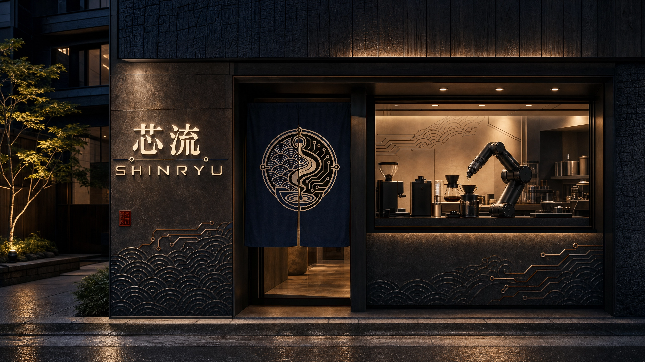 SHINRYU storefront at night