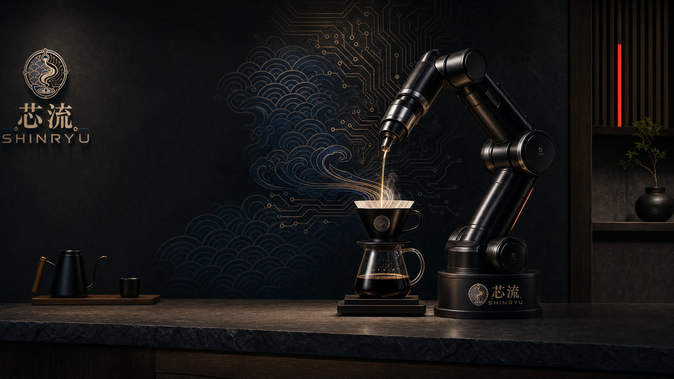 SHINRYU robotic arm pouring coffee with precision