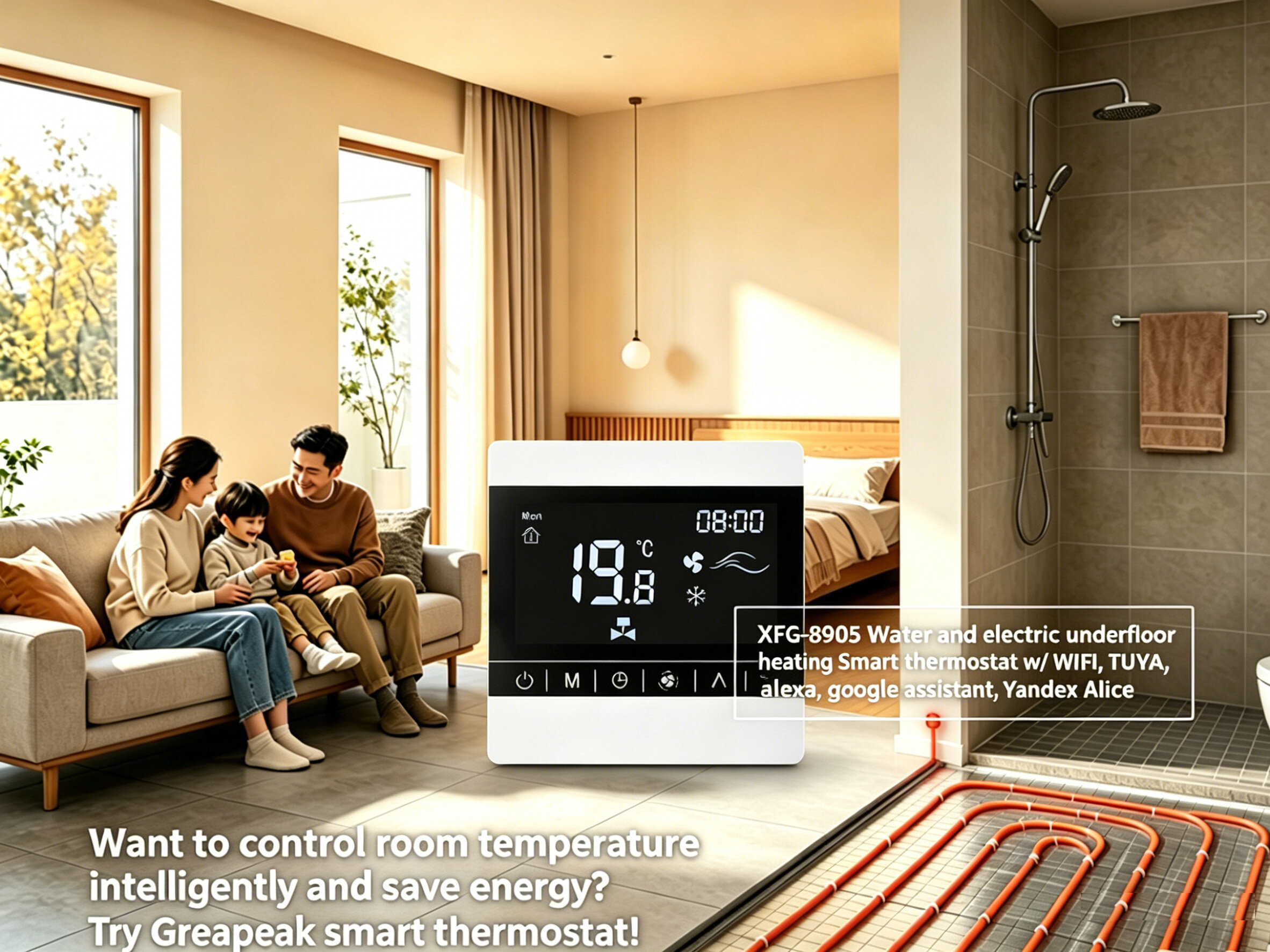 8905 Hydronic and Electric floor heating Smart thermostat w/ WIFI, TUYA, alexa, google assistant