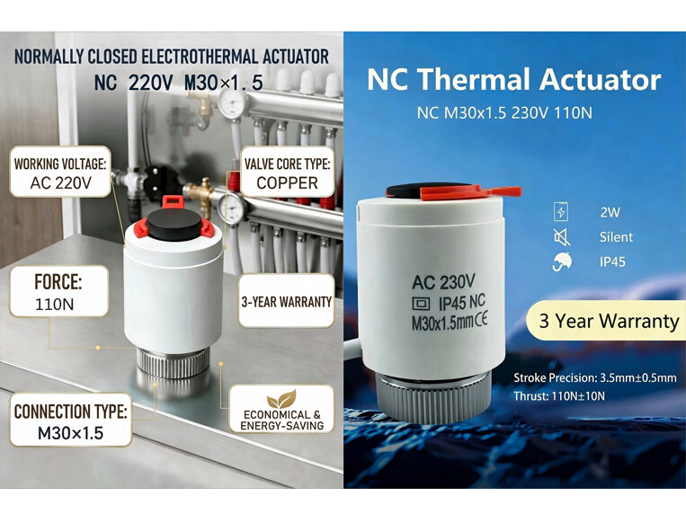 Normally Closed Electrothermal Thermal Actuator Silent IP45 Floor Heating Manifold Actuator