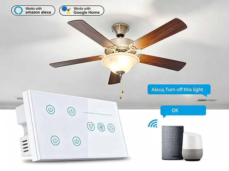 UK 4 Gang Light & Fan WiFi Smart Touch Switch ABS+PC Fireproof Material Compatible with Alexa Google