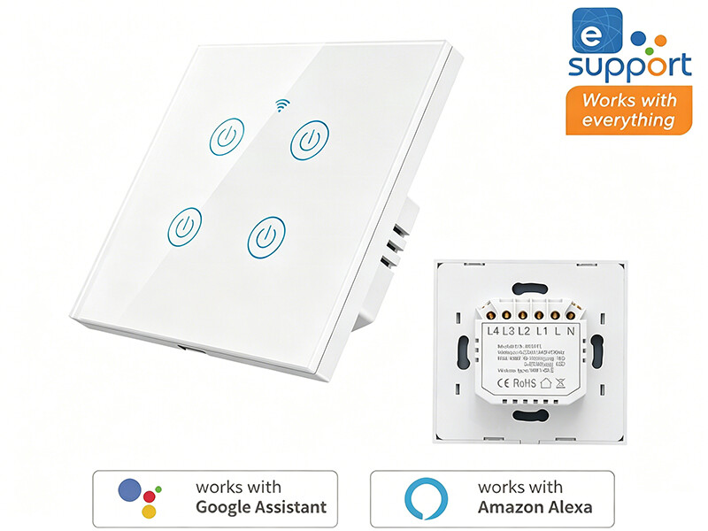 EU 86 Type WiFi Bluetooth Glass Touch Smart Wall Switch 4 Gang Support Alexa Google, TUYA