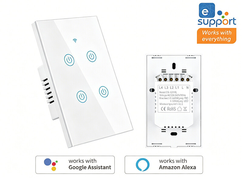 US 118*72mm WiFi Bluetooth Touch Smart Light Switch 4 Gang Glass Panel Support Alexa Google