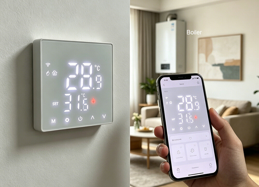 Wired home boiler smart thermostat w/ WIFI app control, TUYA, Alexa, Google voice control