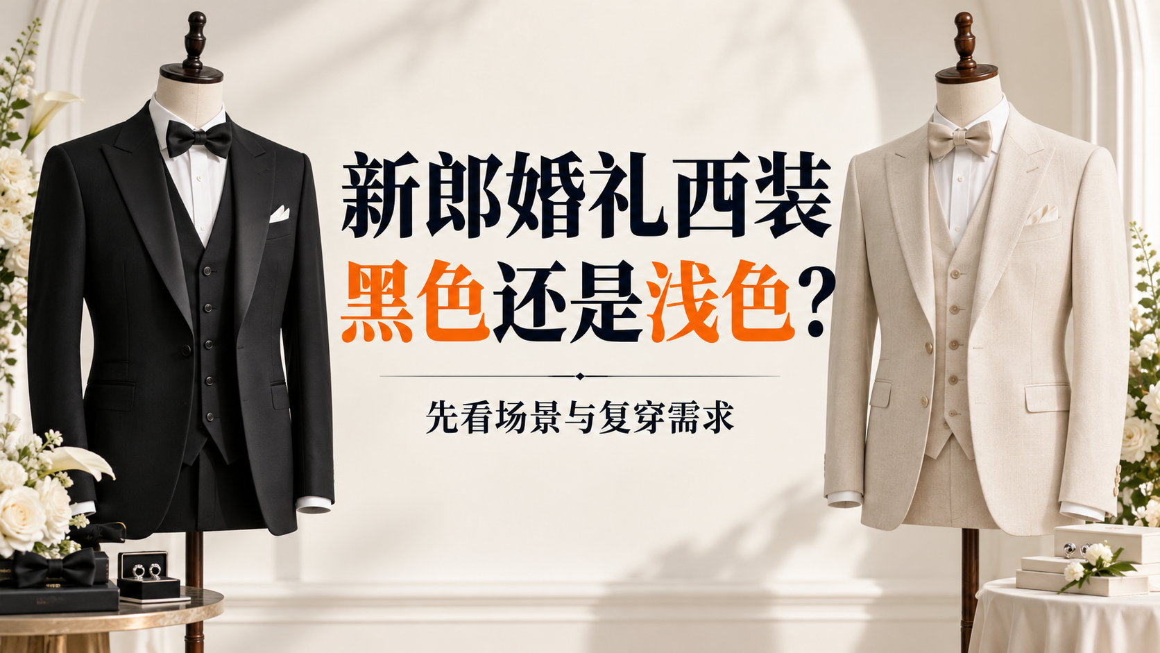 黑色与米白色新郎婚礼西装对比选择指南封面(AI辅助设计)