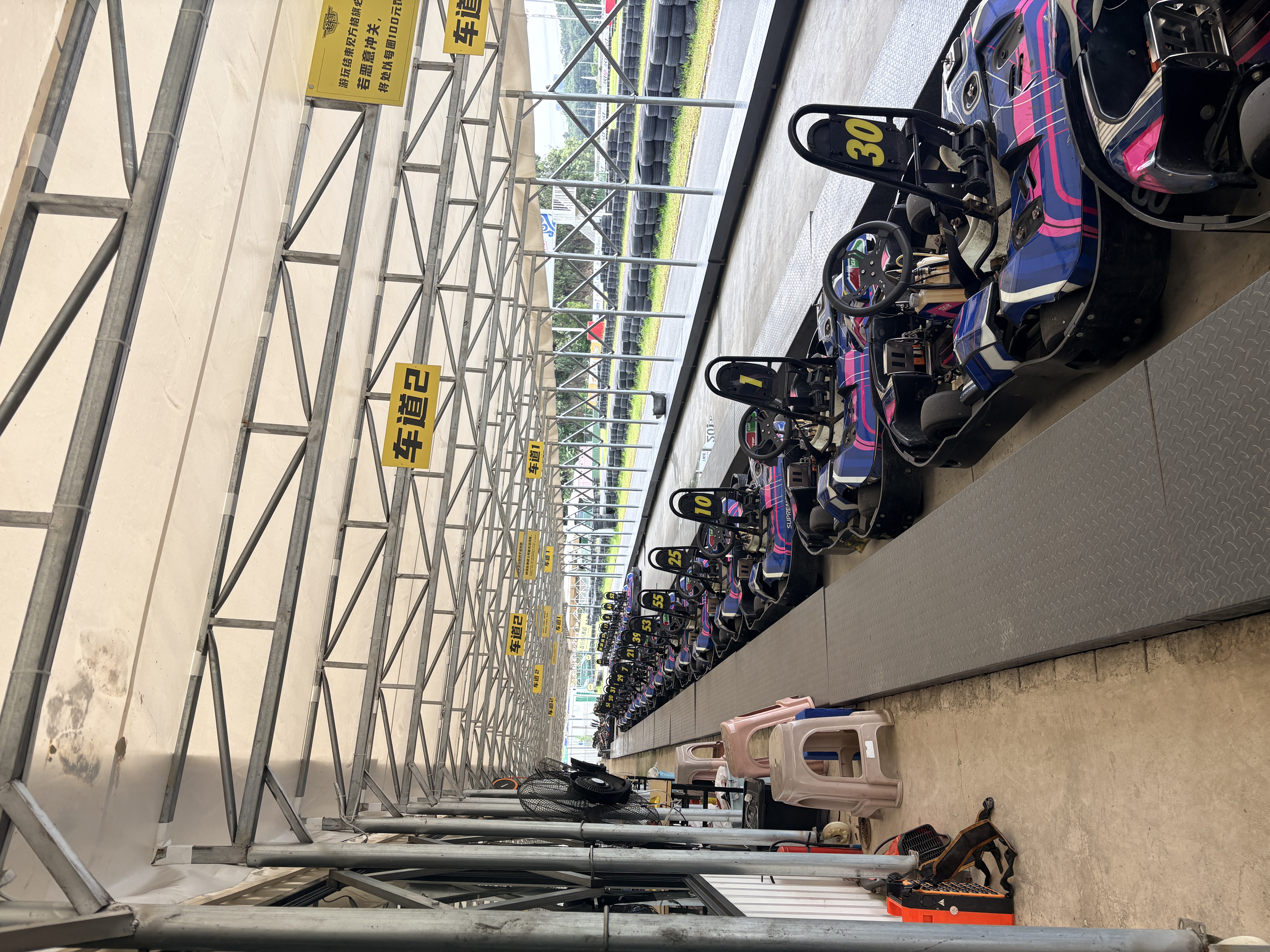 Phase 5: Kart fleet lined up in numbered pit lanes ready for grand opening operation