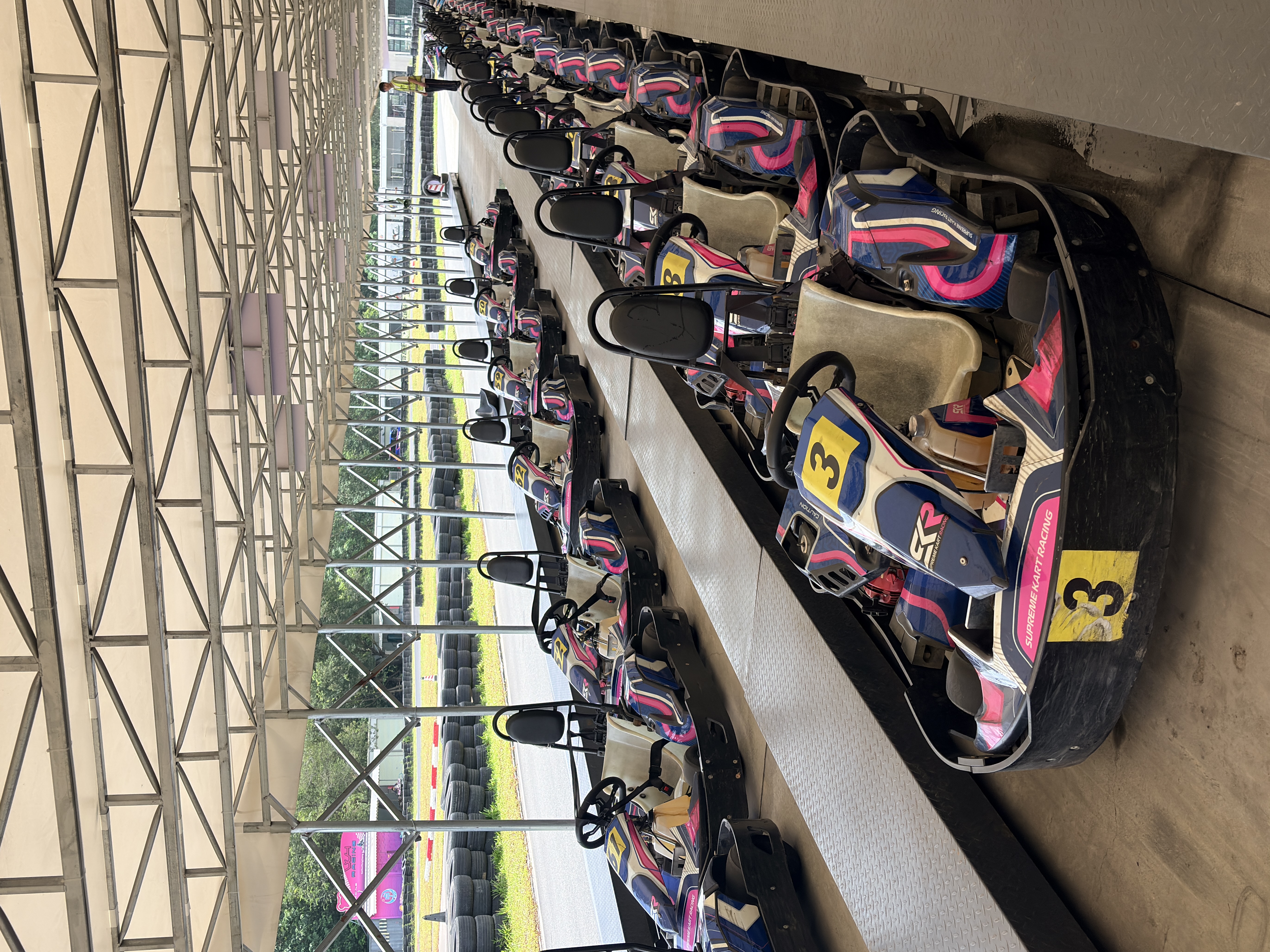 Safety-certified rental go-kart fleet with harnesses parked in rows
