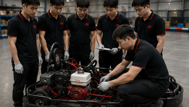 Technician following maintenance checklist servicing rental kart brakes and battery