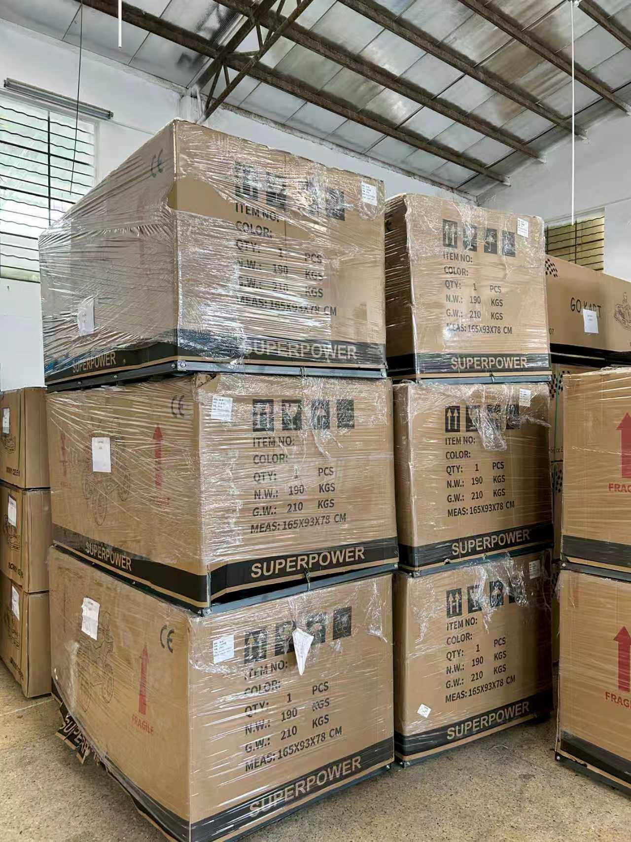 Export-packed go-kart crates stacked in Changfeng Kart warehouse ready for global delivery