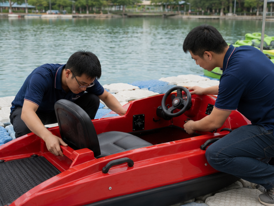 Technicians installing red water kart on floating pontoon dock
