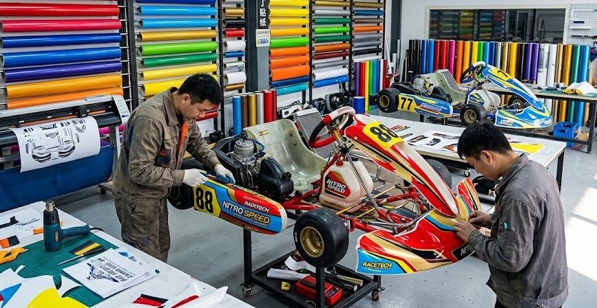 Changfeng Kart painting and coating workshop applying custom livery to go-kart bodywork