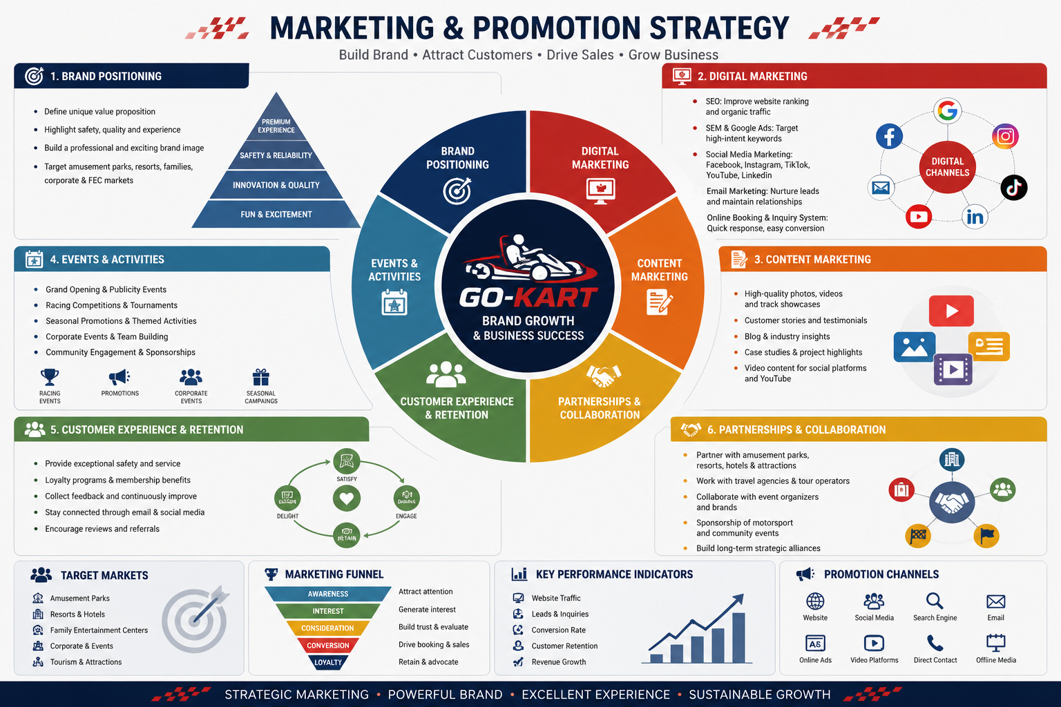 Kart venue marketing campaign visuals with social media promotion calendar
