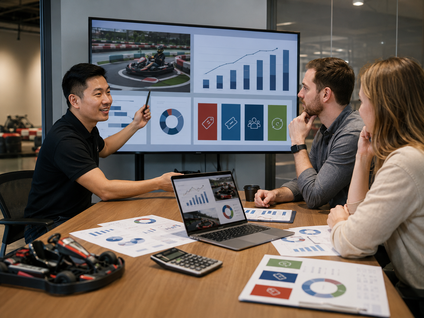 Kart rental pricing strategy board with session packages and membership tiers