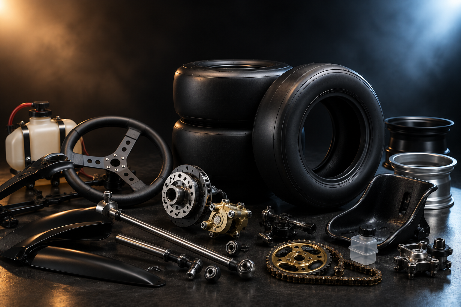 Professional go-kart safety equipment including helmets, driving suits, gloves, and protective gear