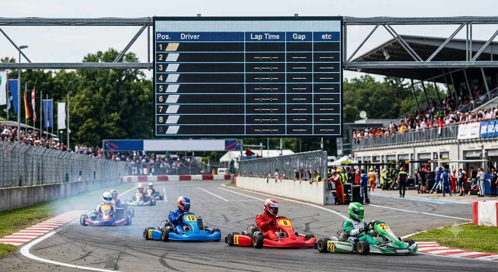 Professional go-kart safety equipment including helmets, driving suits, gloves, and protective gear