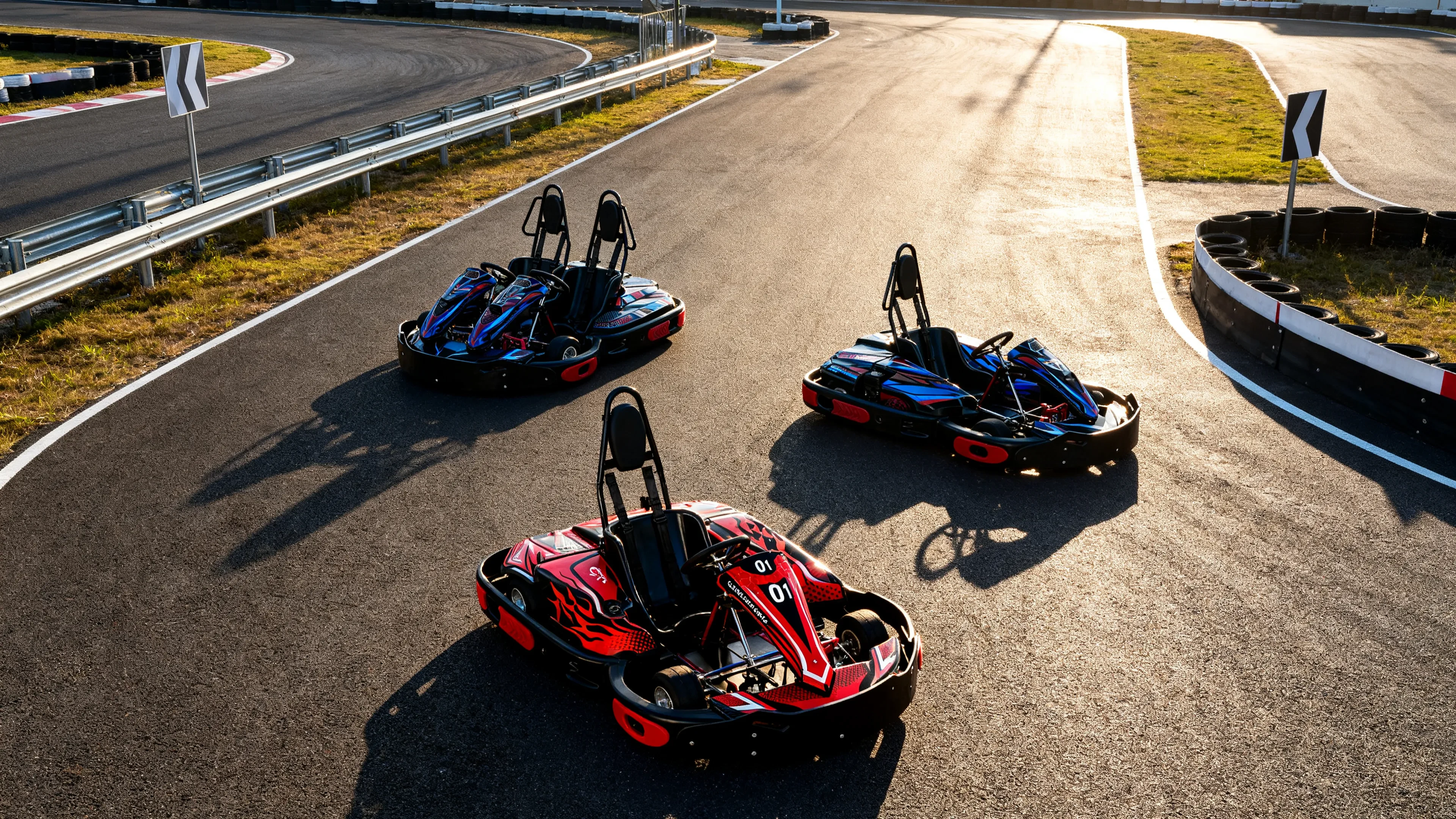 Gas-powered commercial go-kart racing on outdoor asphalt circuit with scenic backdrop