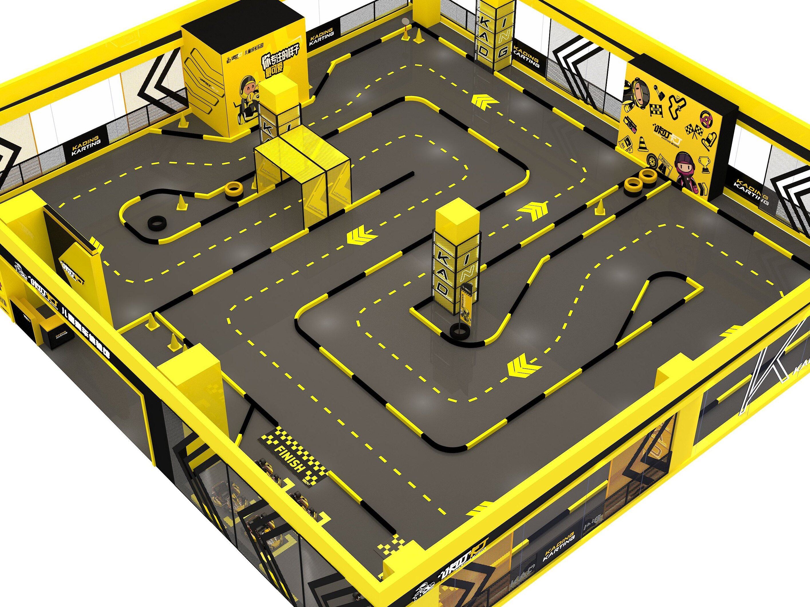 Custom 3D indoor kart track blueprint design maximizing high-density shopping mall floor plans
