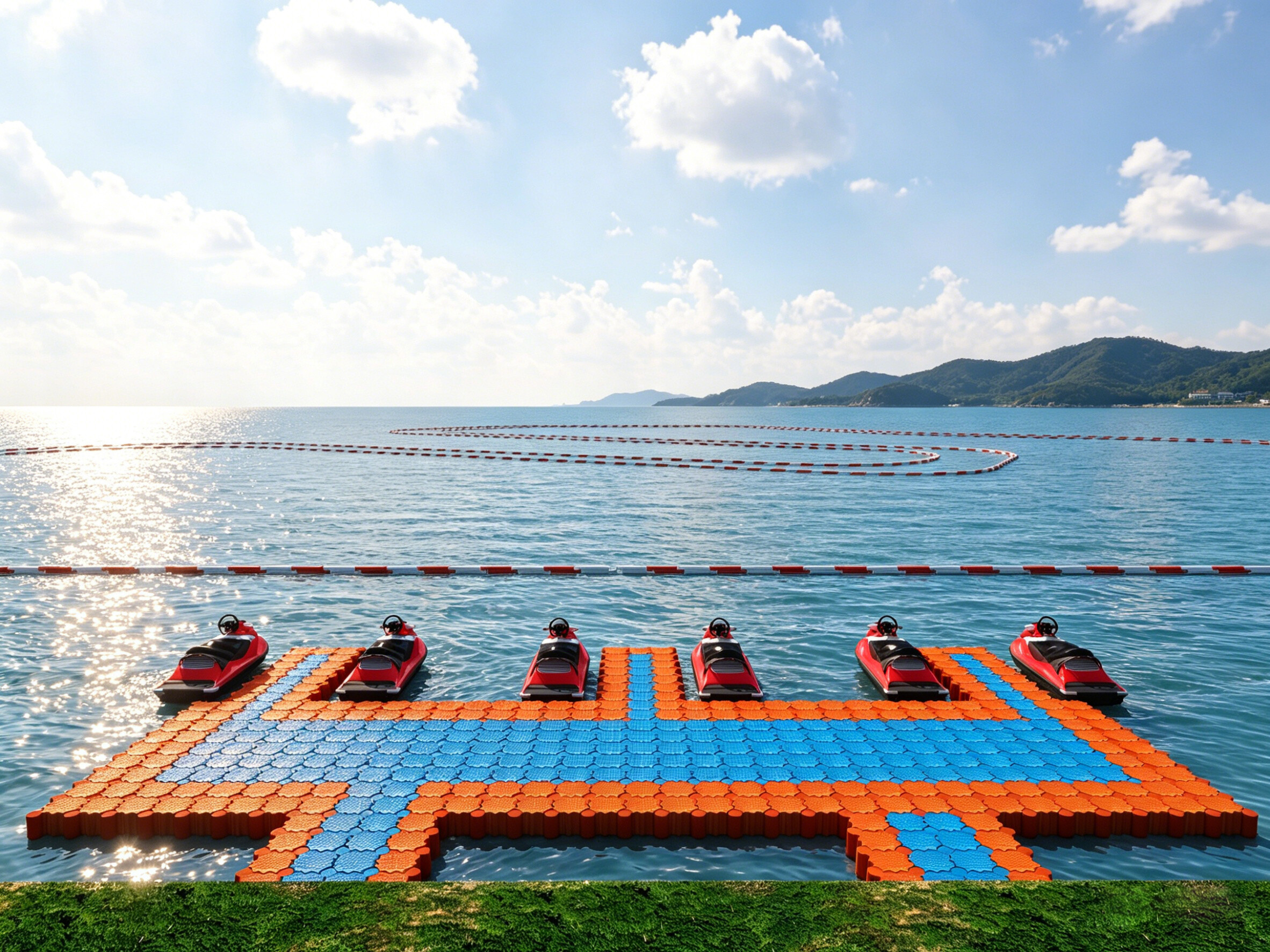 Floating docking station with charging points for water kart fleet