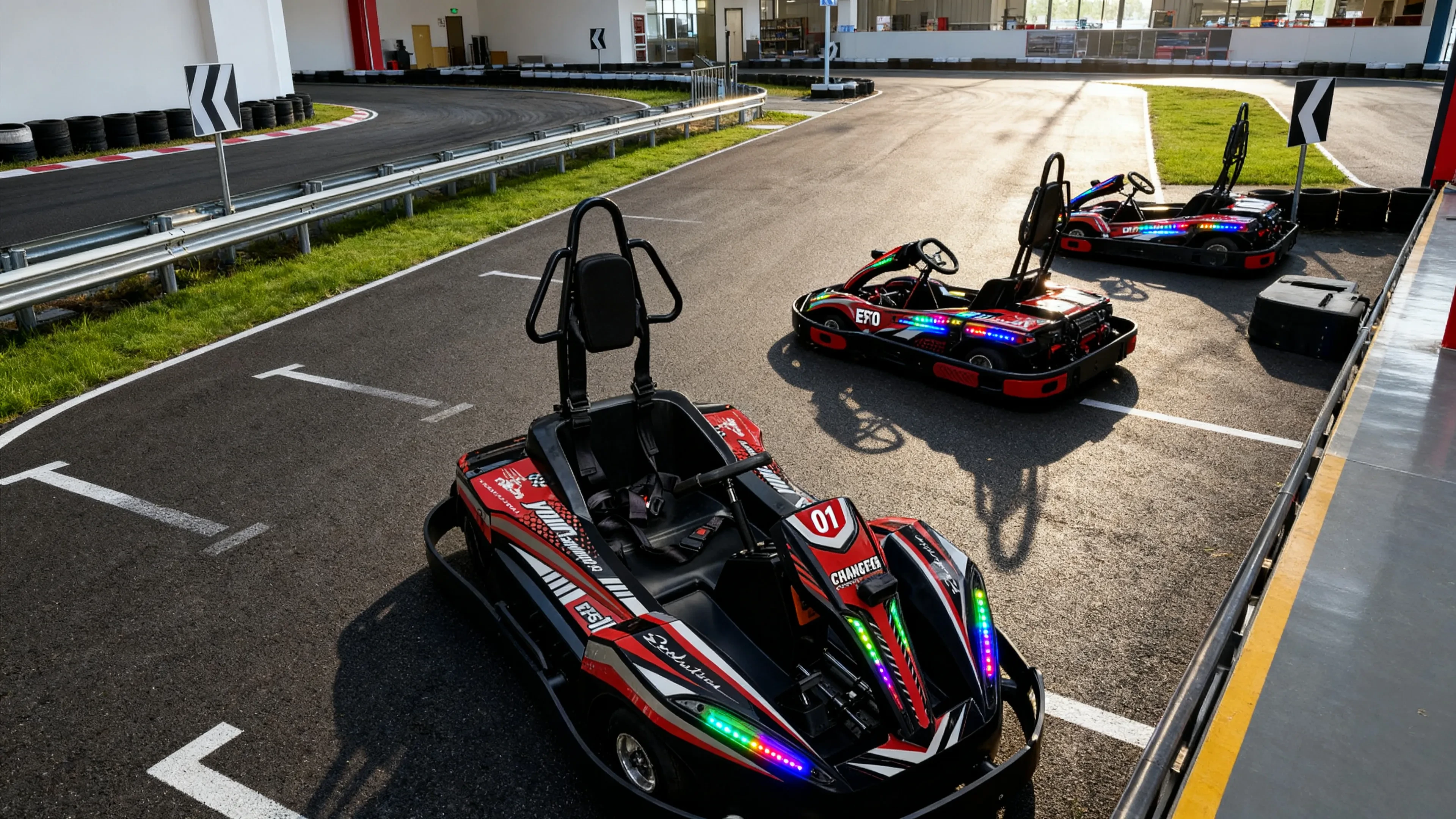 Electric go-kart racing on indoor commercial track with LED lighting and timing boards