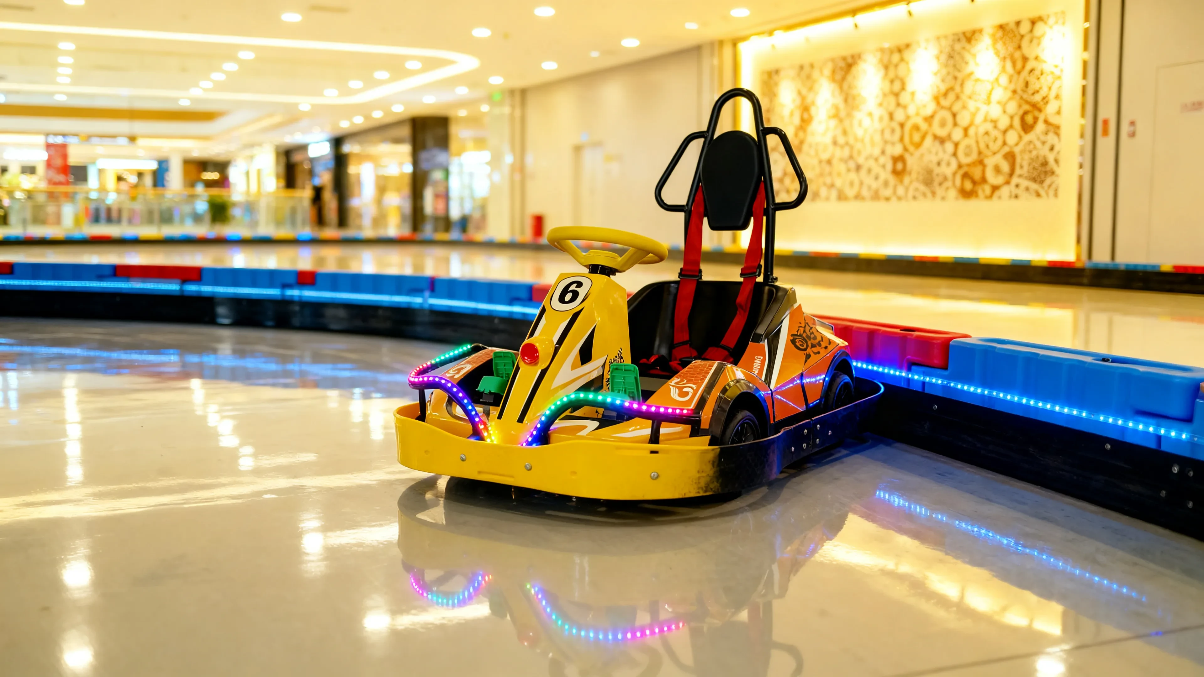 Children enjoying safe electric go kart ride at indoor playground