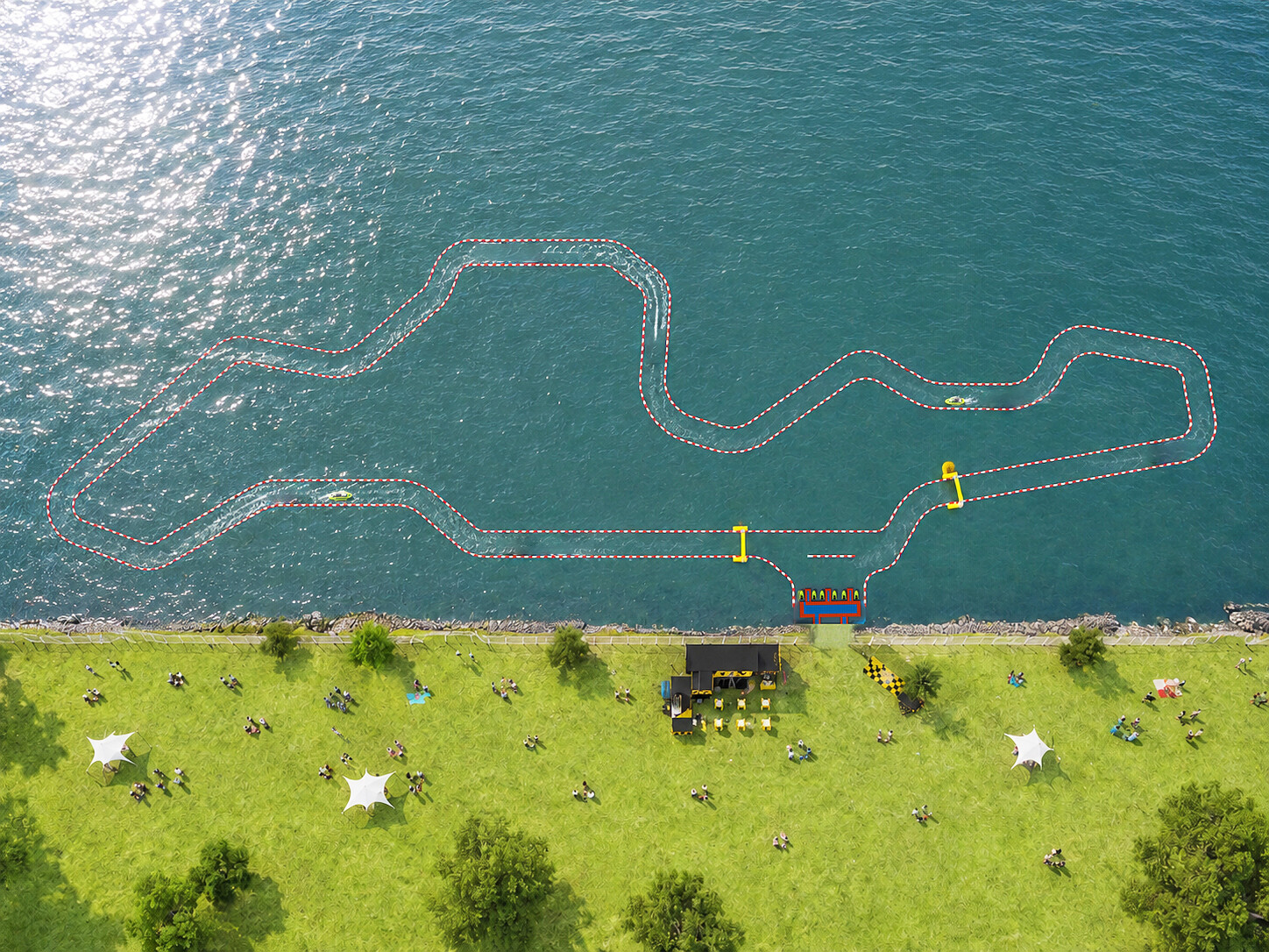 Modular floating water kart track layout anchored on calm lake surface