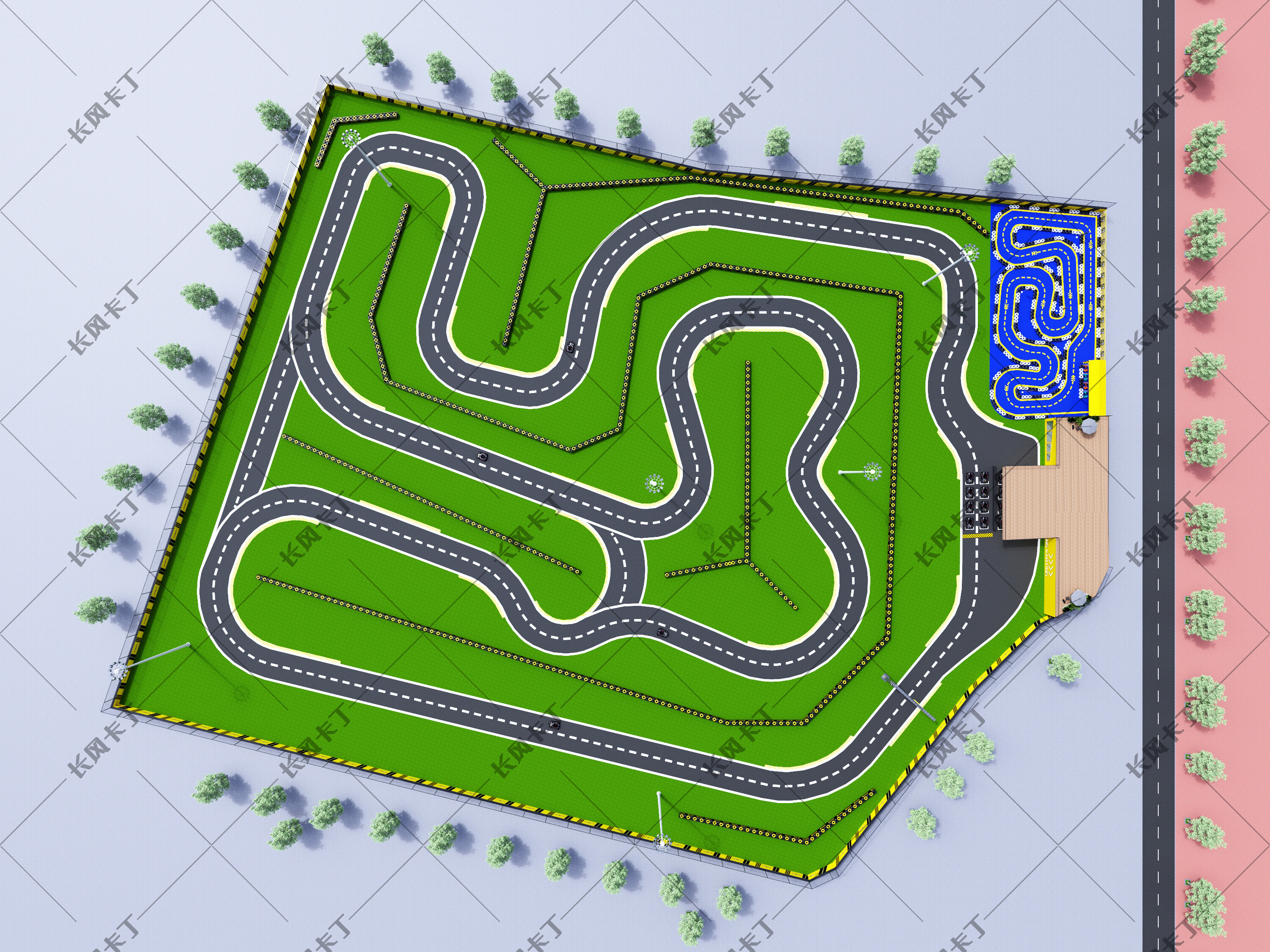 Top-down rental kart track layout drawing with corner radius annotations