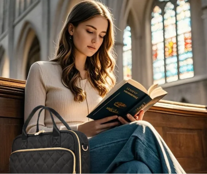 Woman reading Bible in church