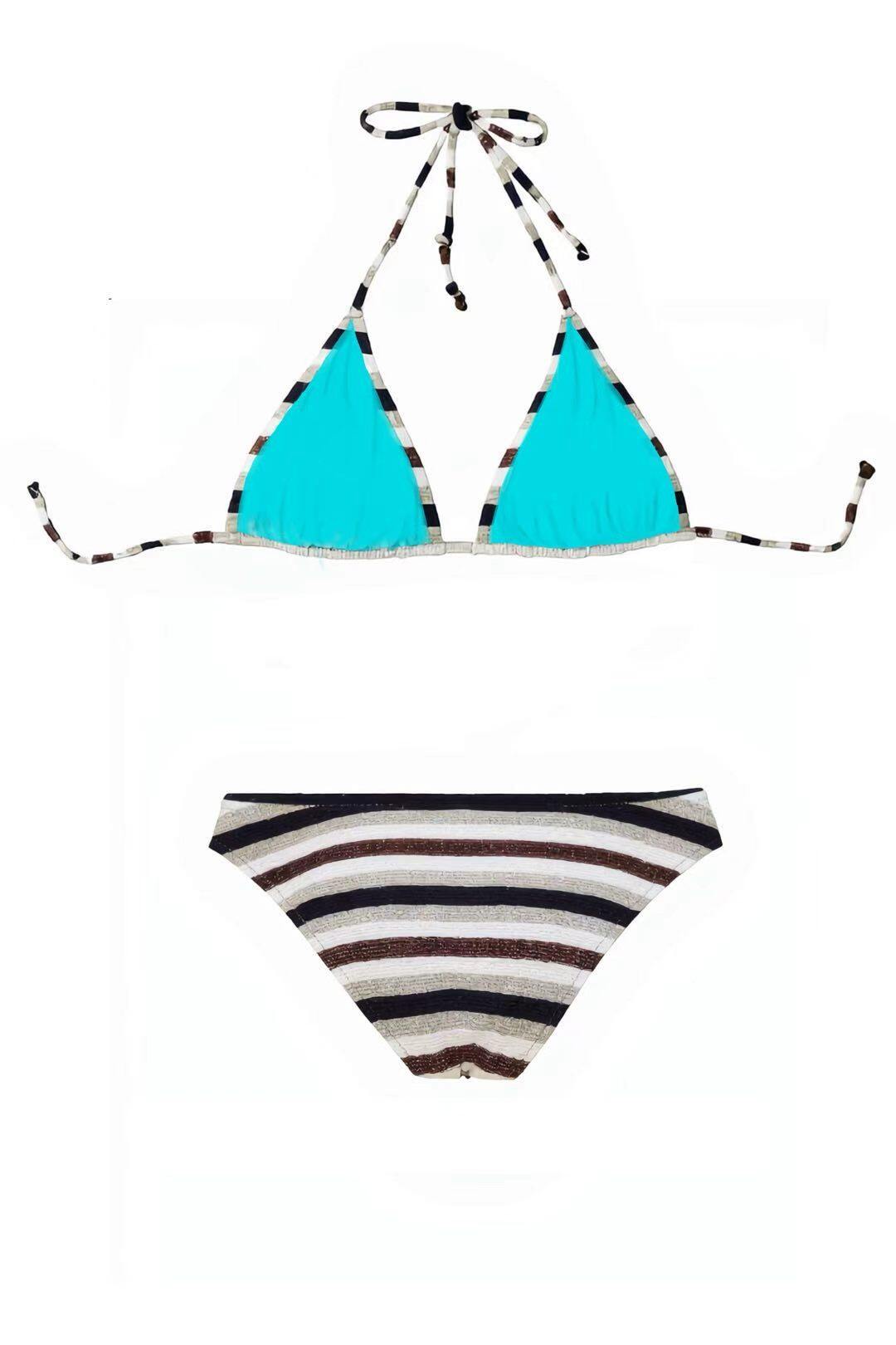 Turquoise Contrast-Trim Triangle Bikini Set