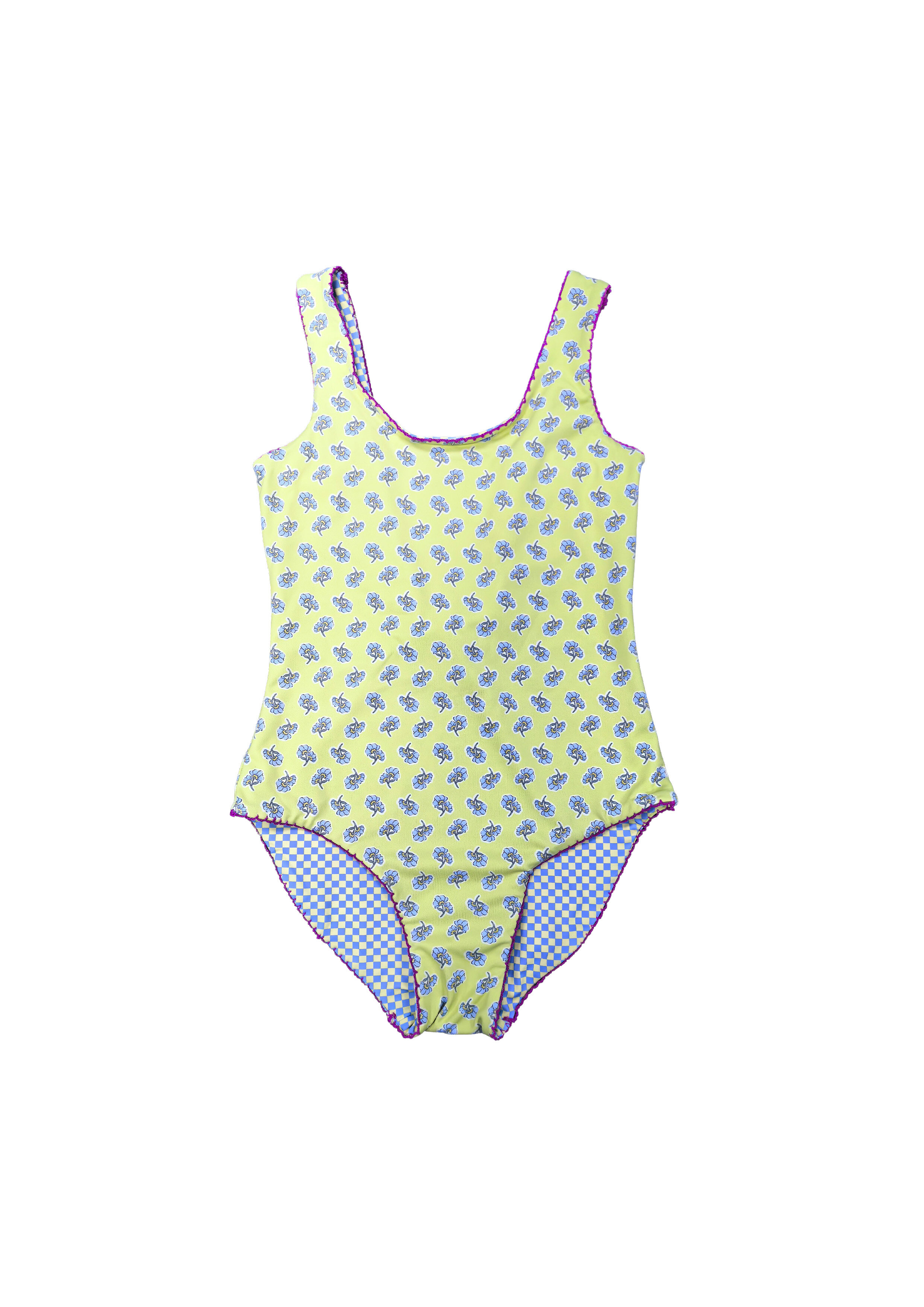 Yellow Floral One-Piece Swimsuit with Checkered Panel