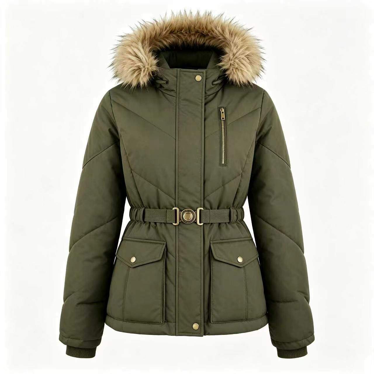 Fur Hood Belted Puffer