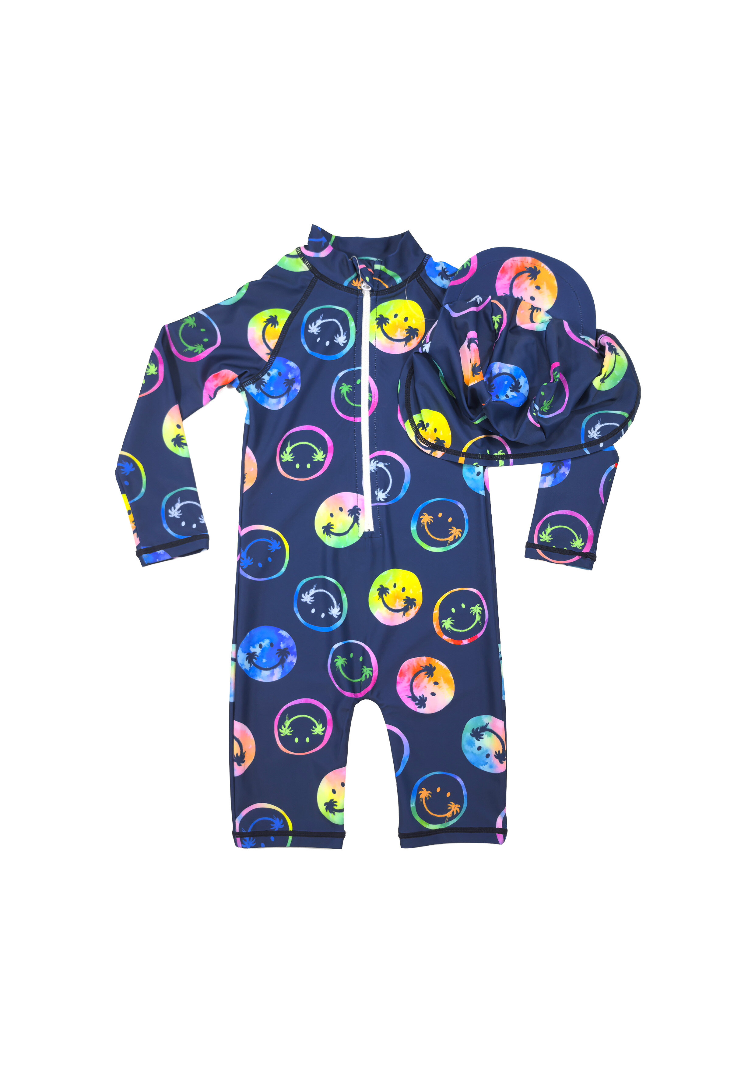 Colorful Smiley Print Long-Sleeve One-Piece Swimsuit with Hat