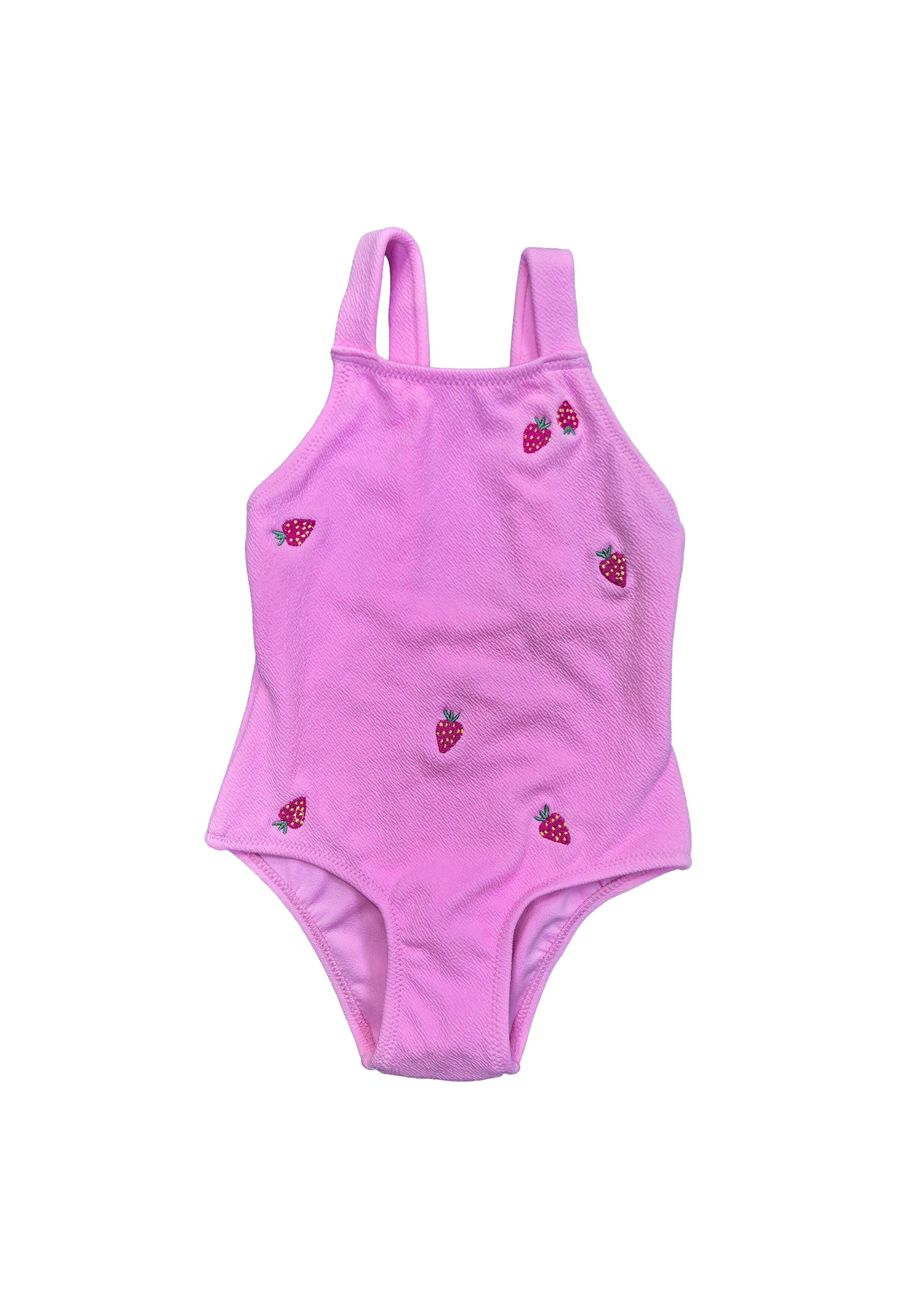 Pink One-Piece Swimsuit with Strawberry Embroidery