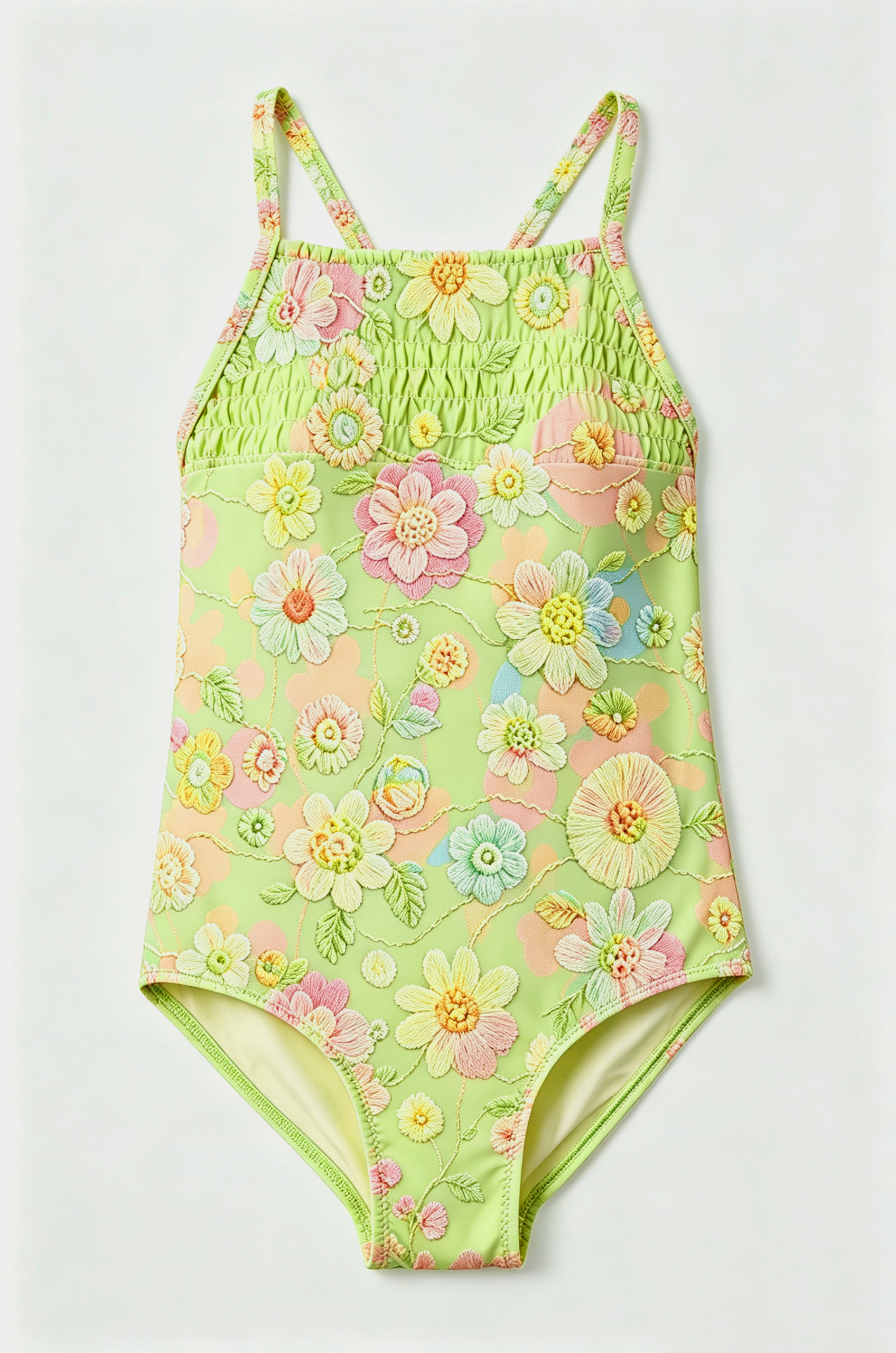 Green Embroidered Floral Swimsuit