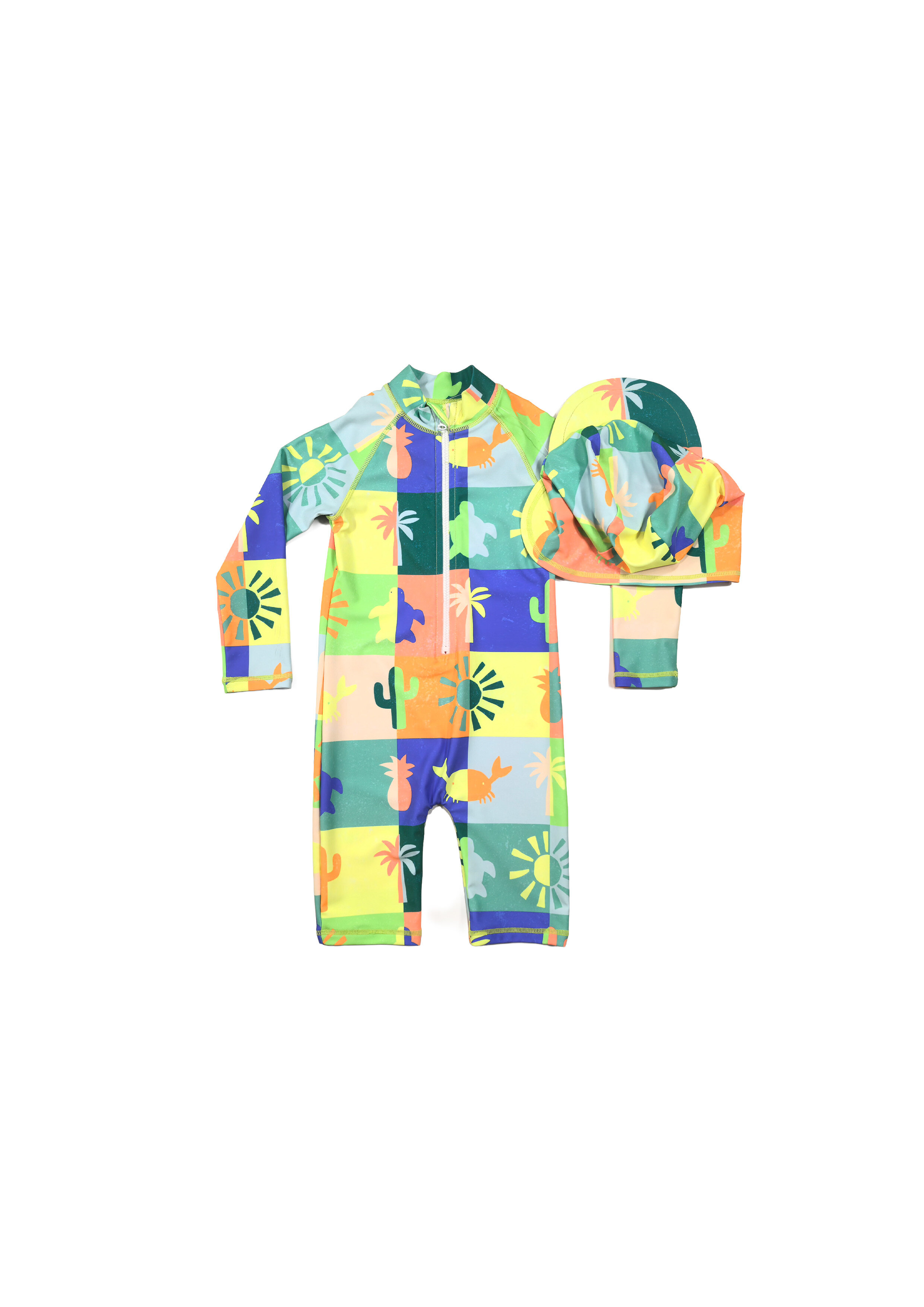 Colorful Checker Print Long-Sleeve One-Piece Swimsuit with Hat