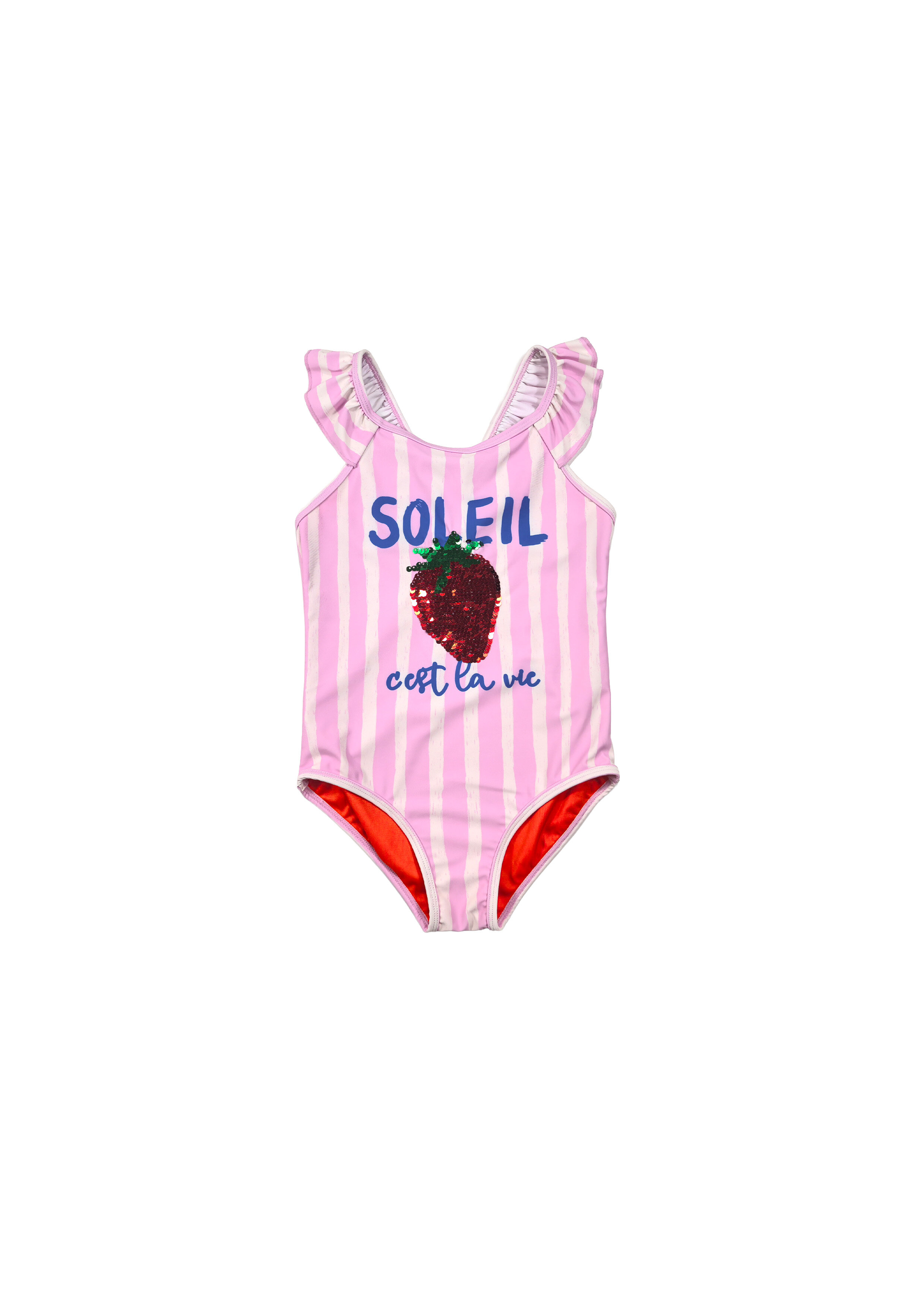 Pink Strawberry Embroidered Striped One-Piece Swimsuit