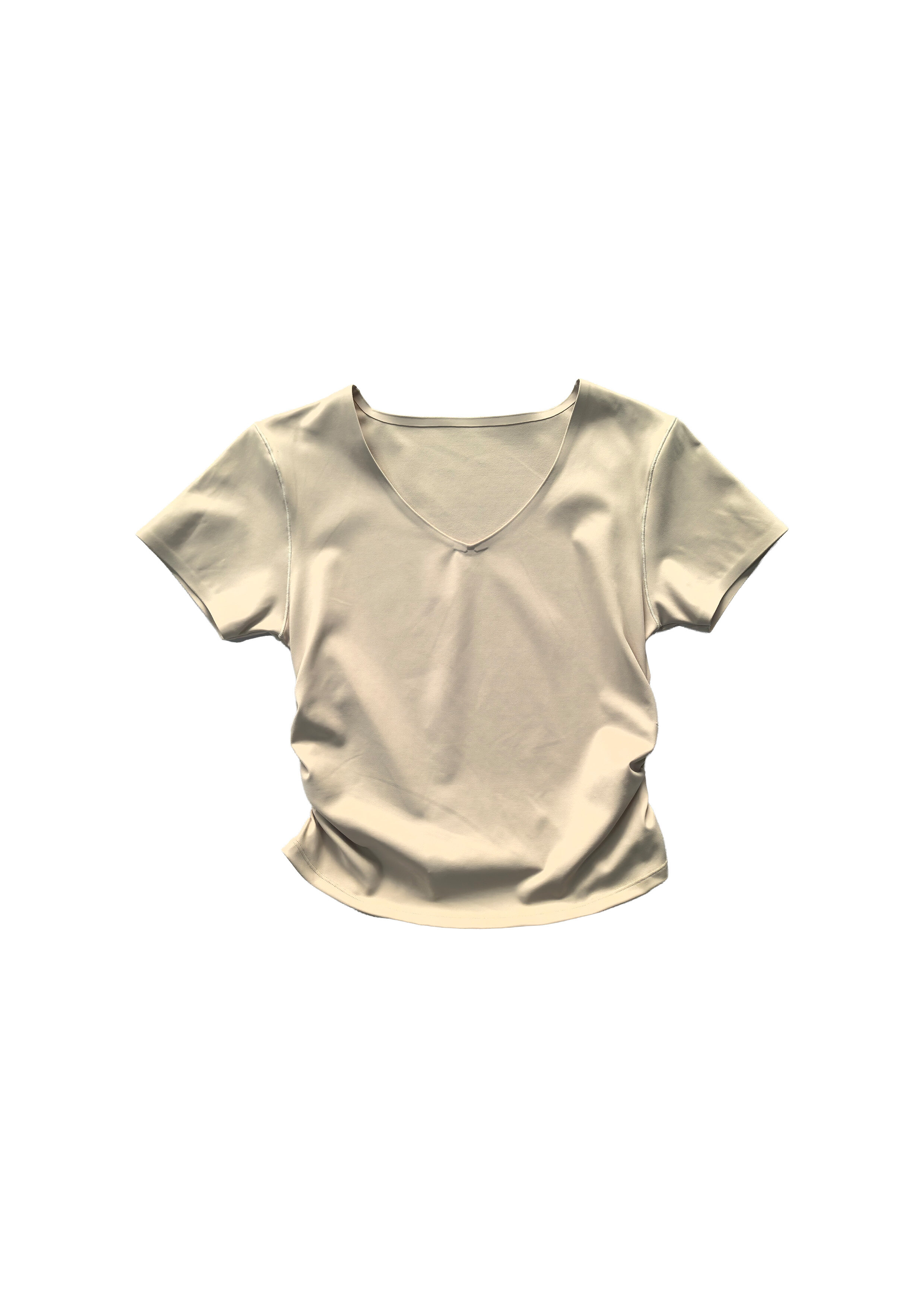 Milk Tea Side Ruched V-Neck Sports T-Shirt Slimming Fitted Fitness Short Sleeve