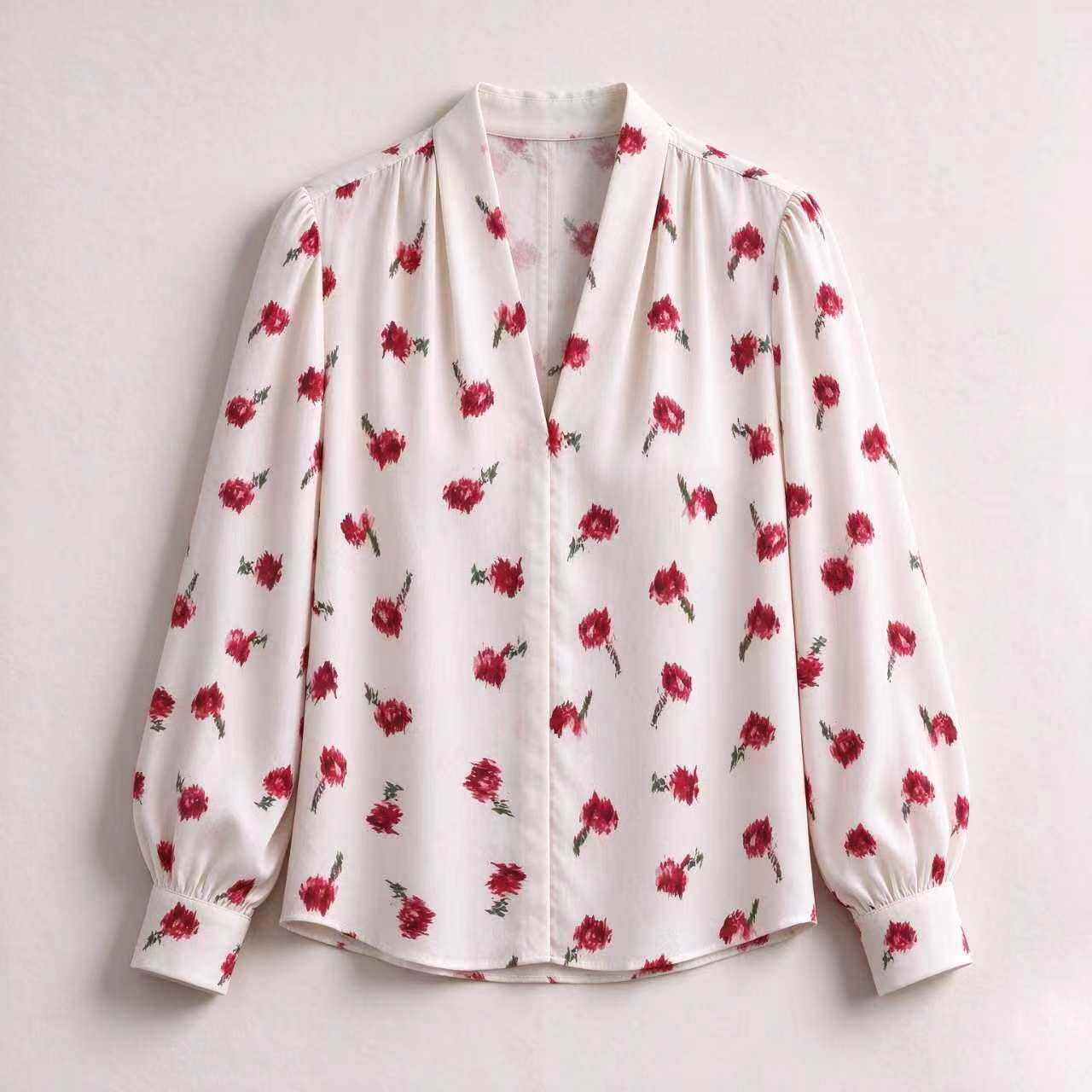V-Neck Button Cuff Blouse