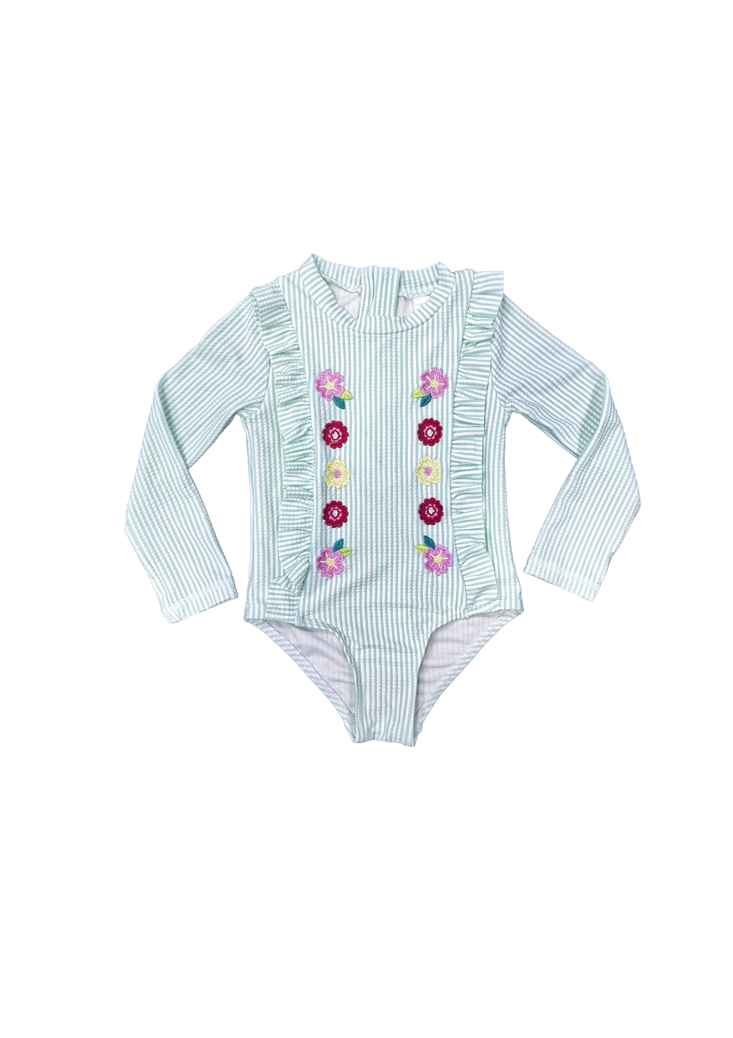 Long Sleeve Striped One-Piece Swimsuit with Floral Embroidery