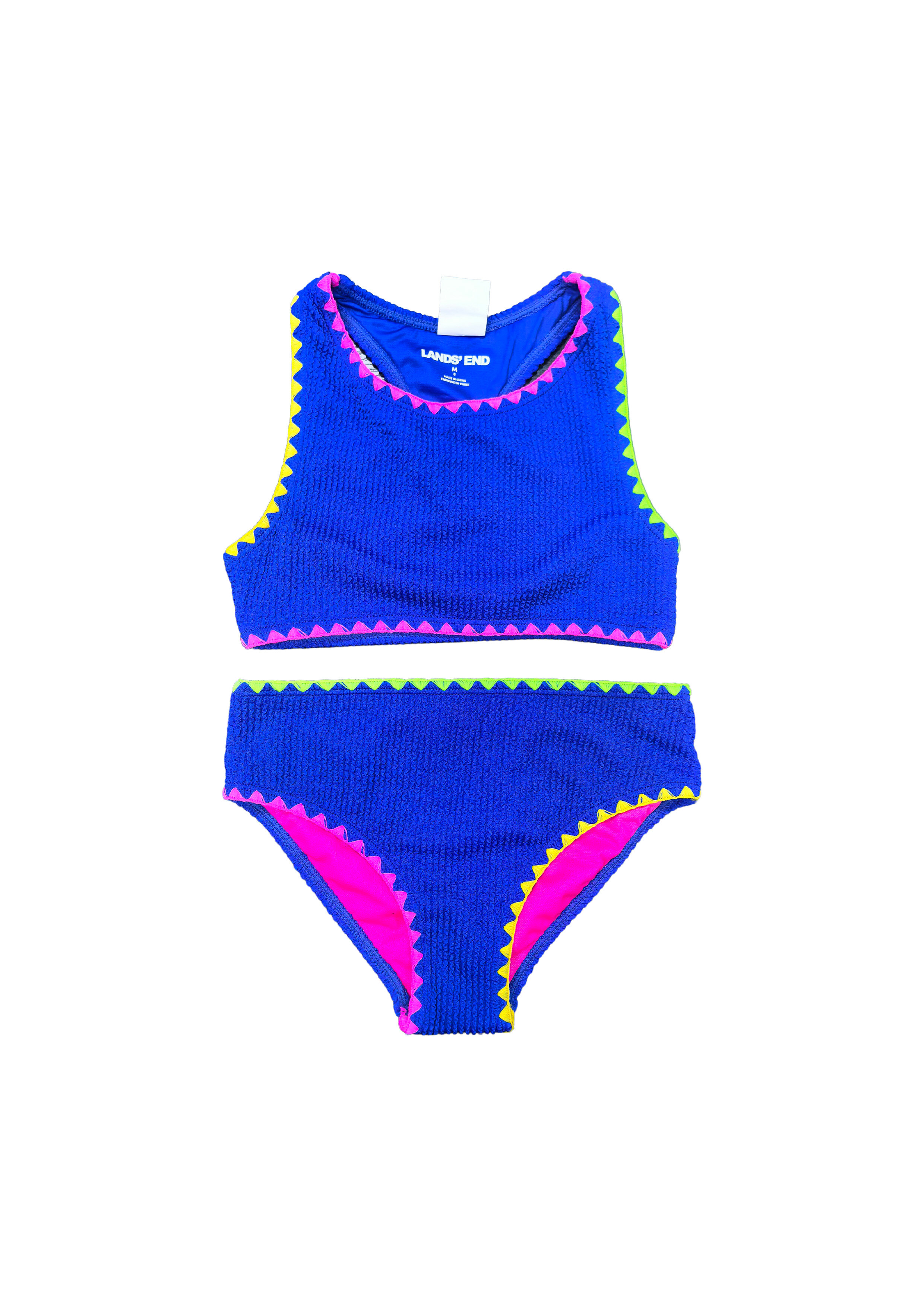 Blue Waffle Knit Two-Piece Swimsuit with Colorful Trim