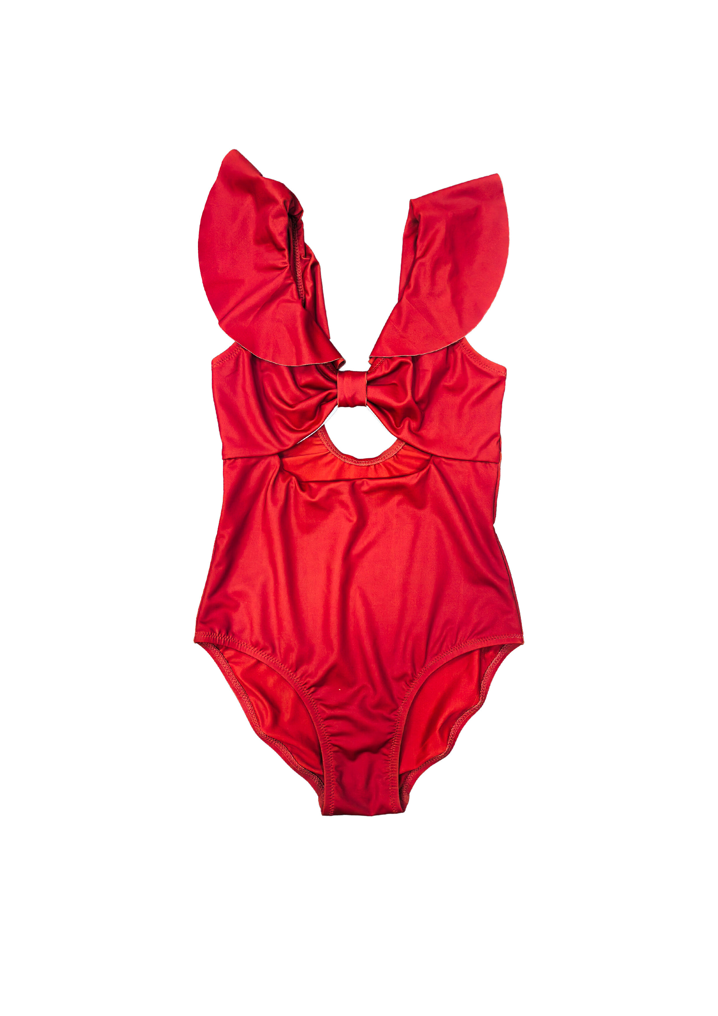 Red One-Piece Swimsuit with Ruffled Sleeves and Bow