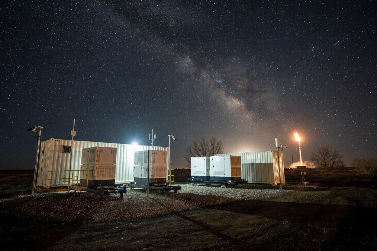Hyperion Labs modular equipment under starry night sky at oilfield