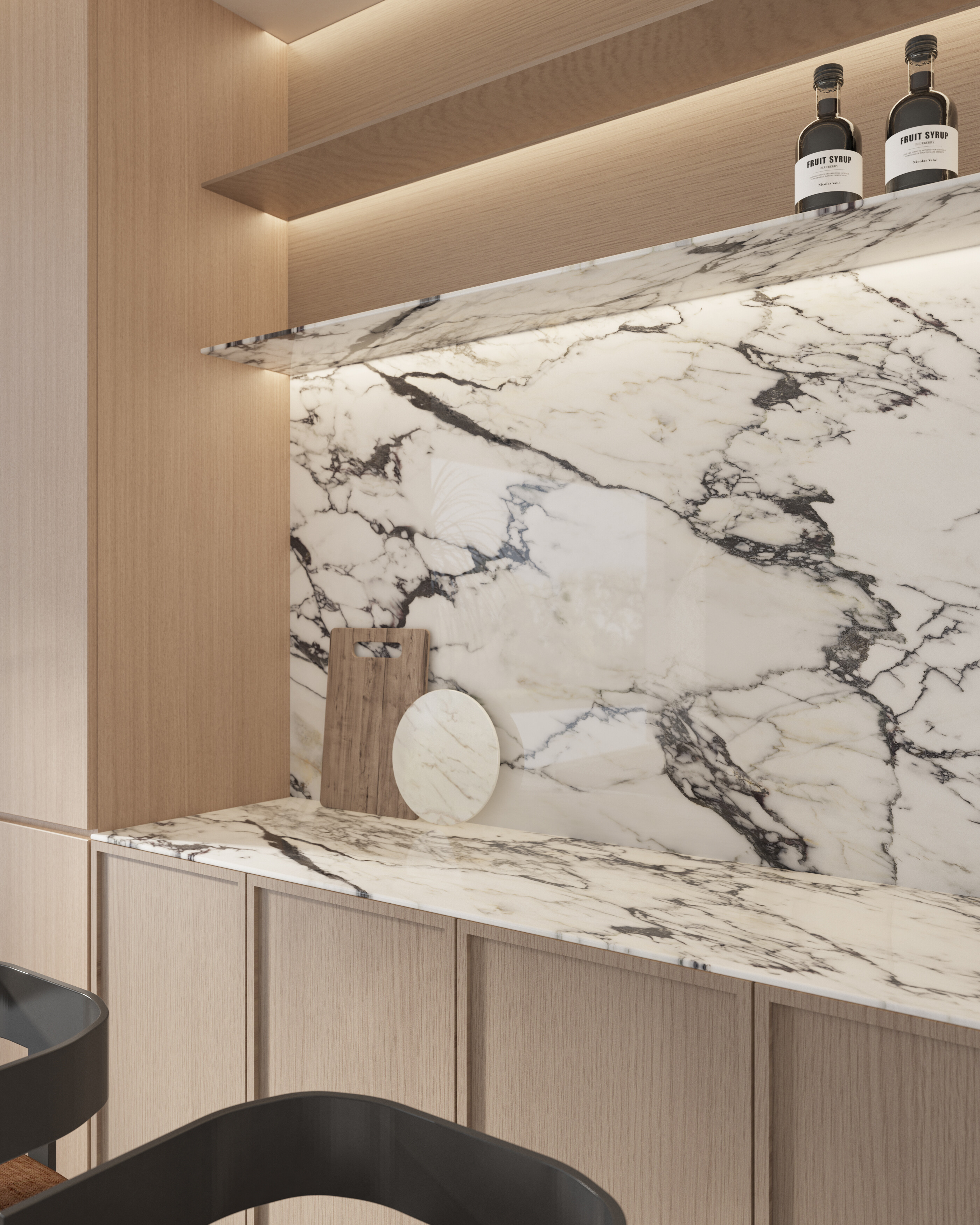 Sintered stone marble-look kitchen wall and countertop