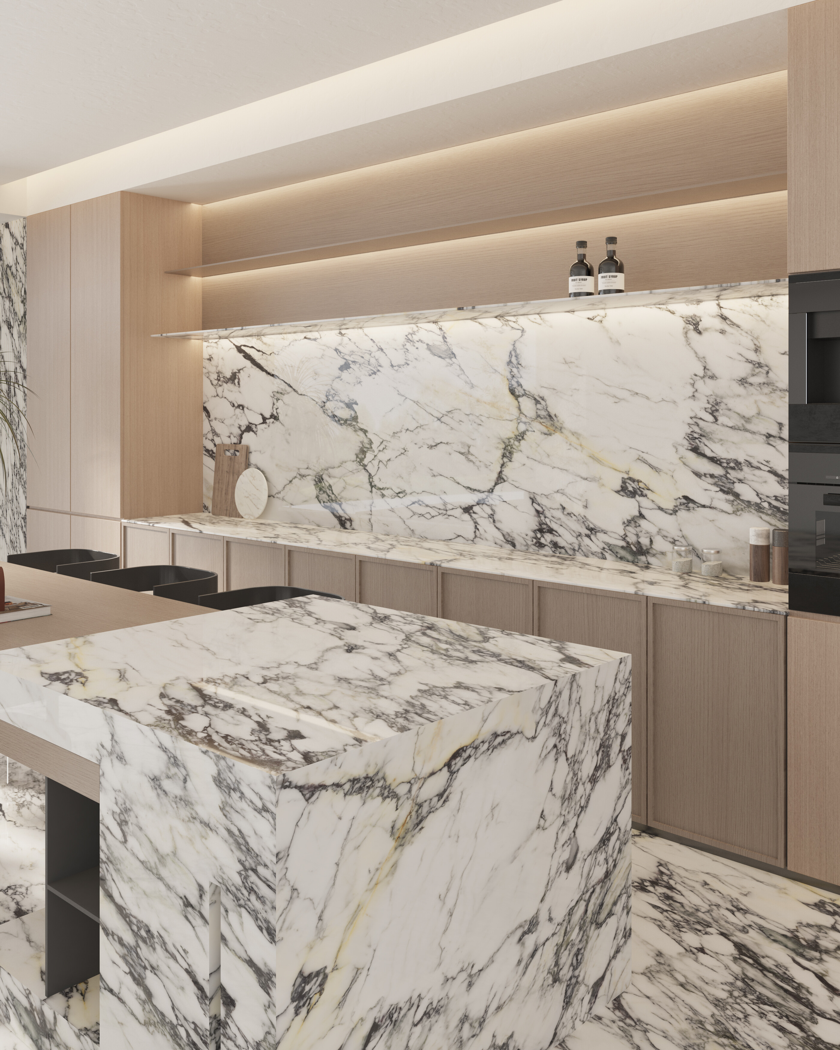 Marble-look sintered stone kitchen with island and backsplash