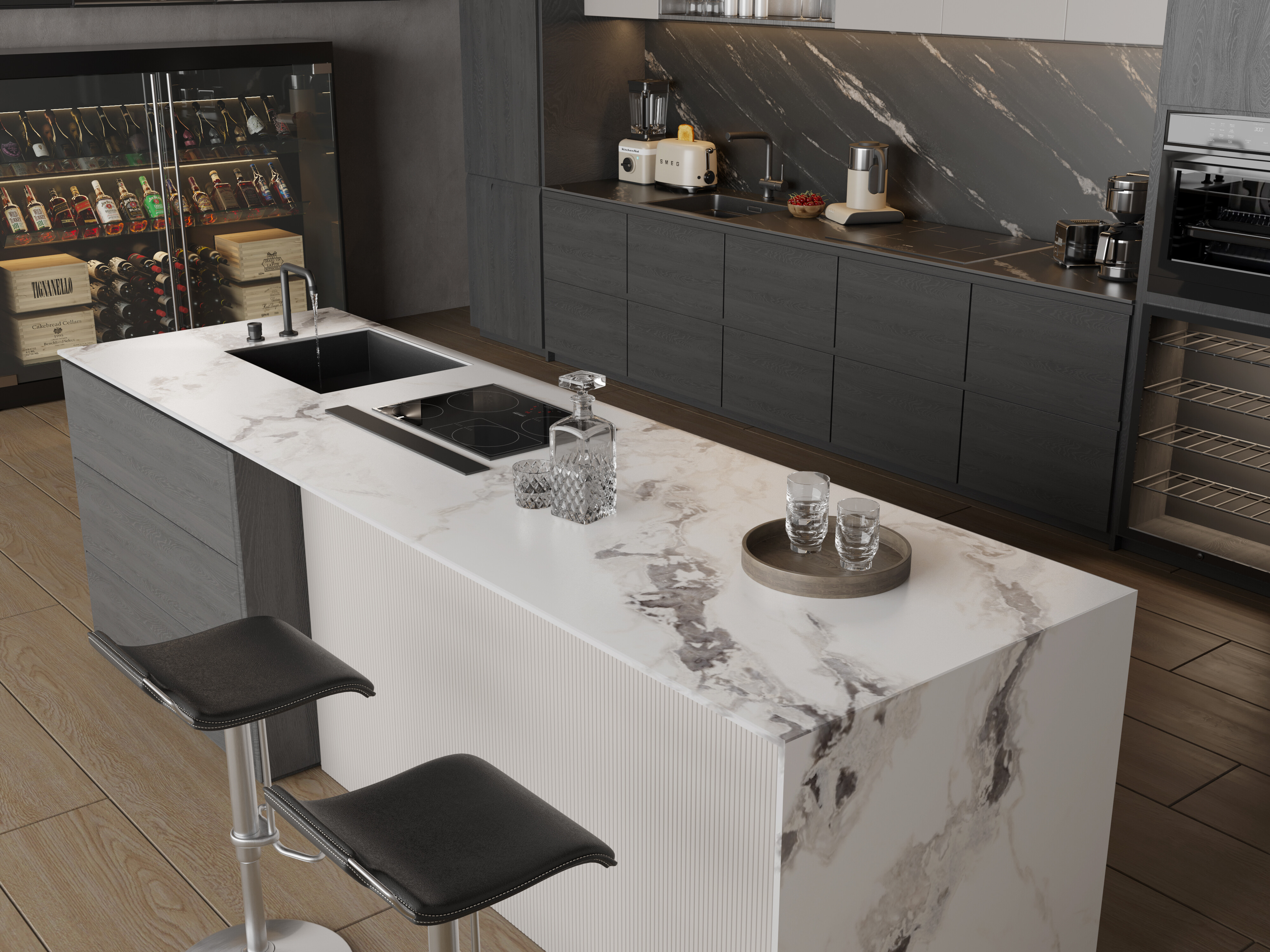 Dark modern kitchen with sintered stone island countertop