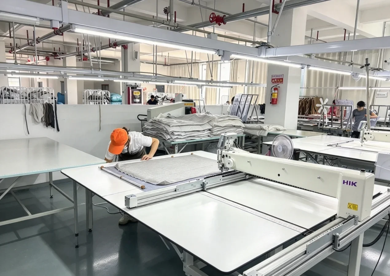 Template sewing machine preparing garment panels at our own Anqing Wangjiang Apparel factory