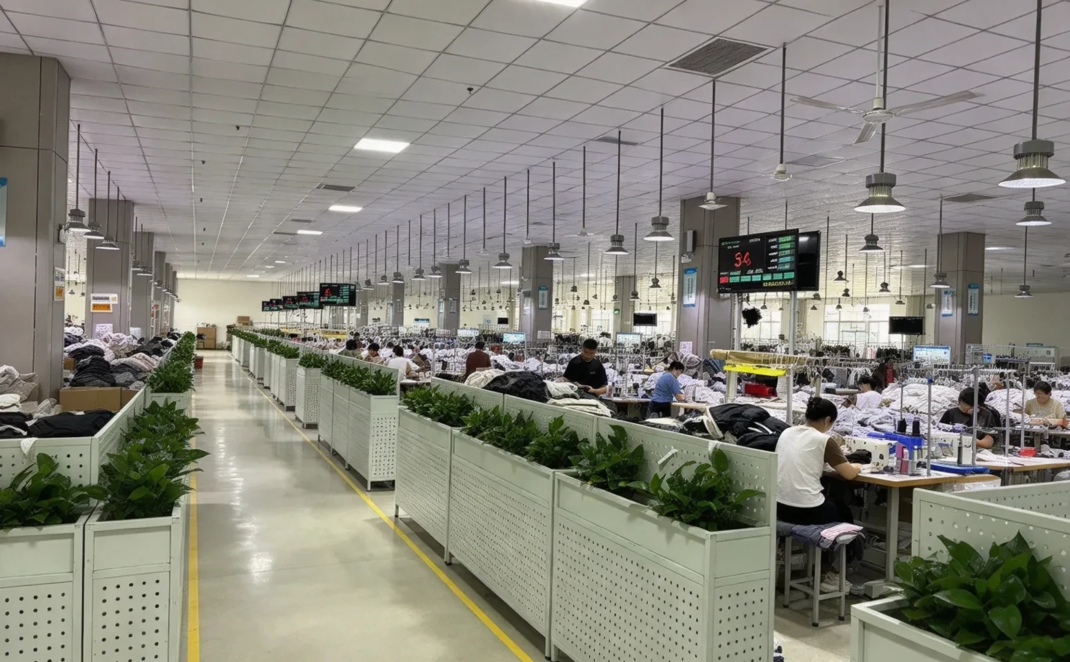 Sewing workshop with production lines at our own Anqing Wangjiang Apparel factory