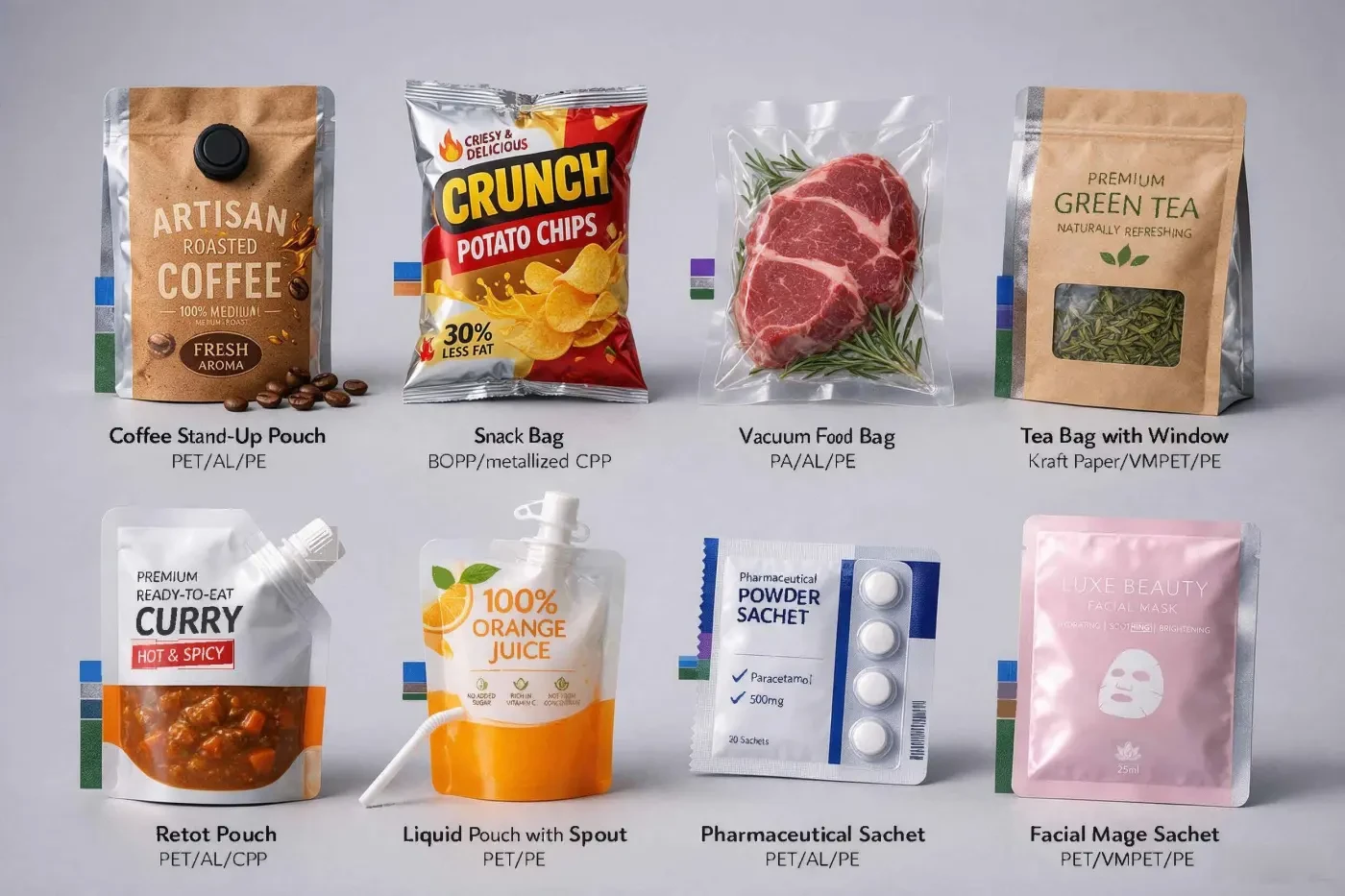 Laminated plastic packaging bags: coffee stand-up pouch, snack bag, vacuum food bag, window tea bag, retort pouch, spout liquid pouch, pharmaceutical sachet and facial mask sachet