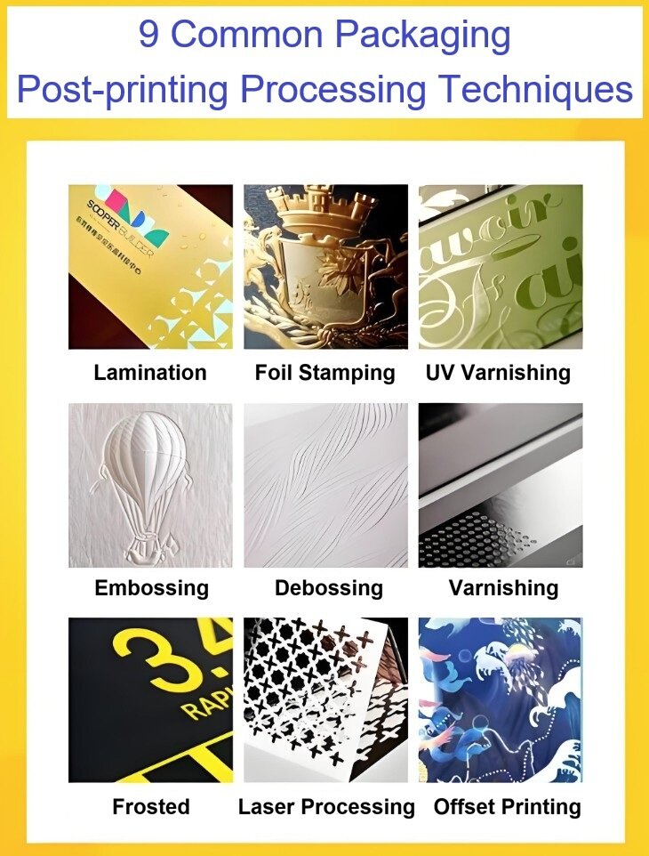 9 common packaging post-printing processing techniques: lamination, foil stamping, UV varnishing, embossing, debossing, varnishing, frosted, laser processing, offset printing