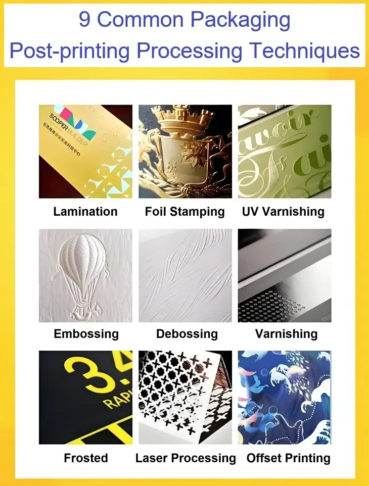 9 common packaging post-printing processing techniques: lamination, foil stamping, UV varnishing, embossing, debossing, varnishing, frosted, laser processing, offset printing