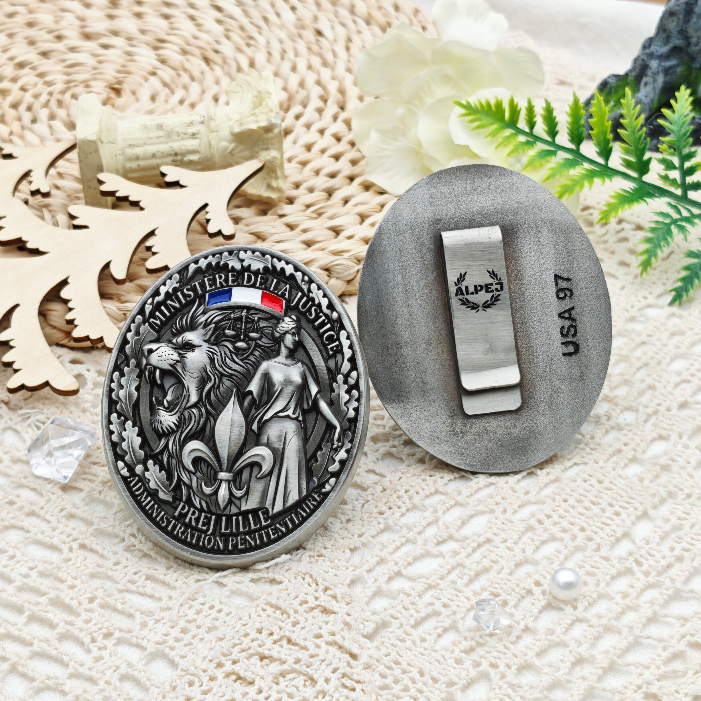 French Ministry of Justice Lion Lady Justice Oval Relief Cufflinks